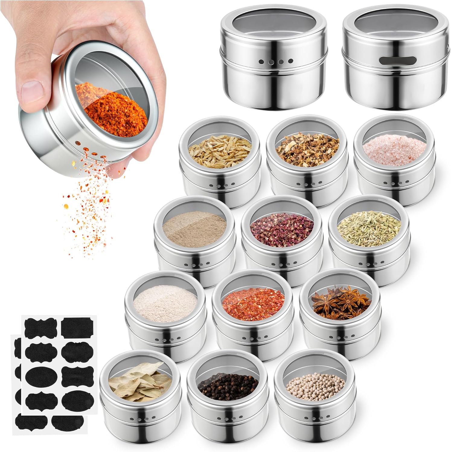 12pcs Stainless Steel Spice Jars, Magnetic Condiment Tins Magnetic Spice Jar With Clear Lid And Holes Sift&Pour – Easy To Clean
