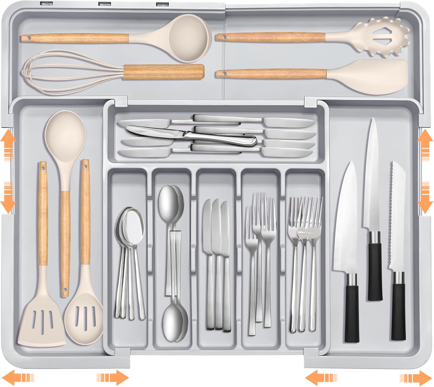 Silverware Organizer Expandable Kitchen Drawer Organizer Adjustable 22″x 19″ Utensil Organizer with Rubber Feets Cutlery Drawer Organizer for Spoons Forks Knives Kitchen Organizers and Storage Grey