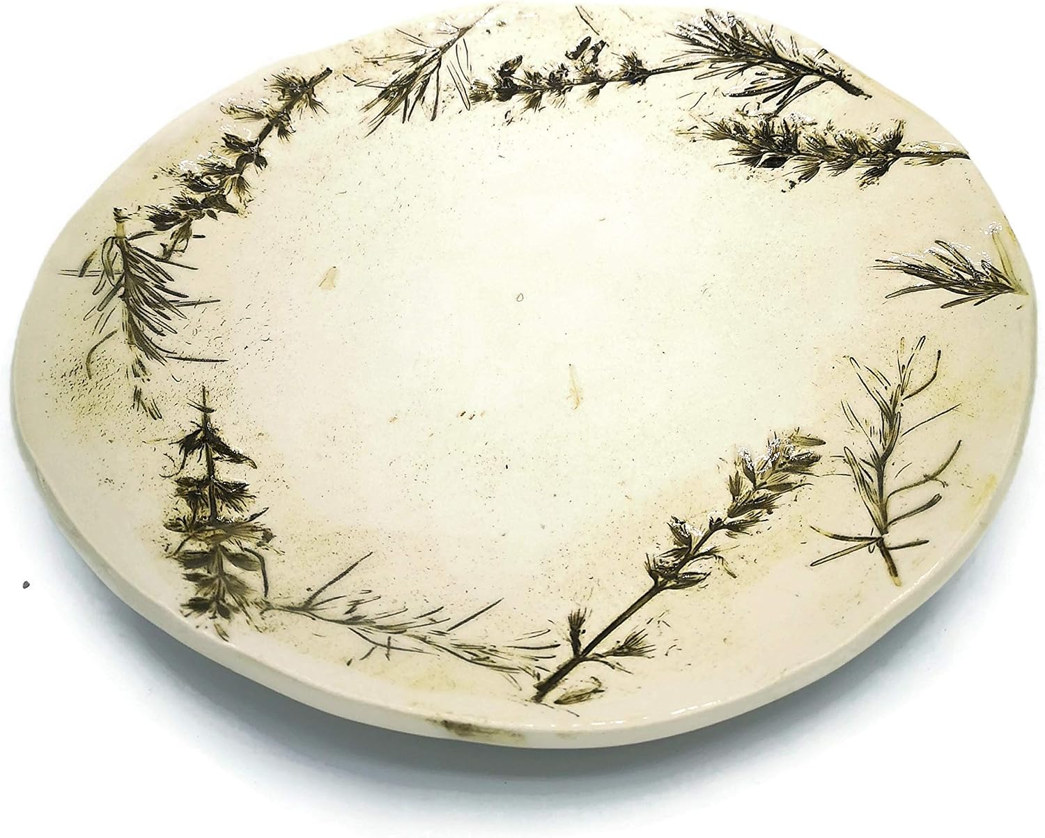 Handmade Ceramic Serving Tray Farmhouse Rustic Decorative Plate with Imprinted Sage Flowers and Rosemary Leaves