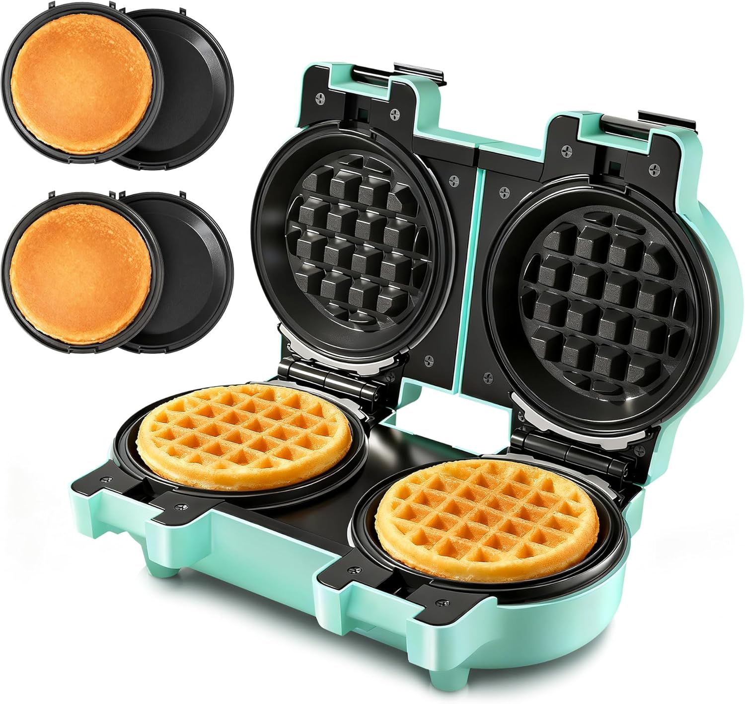 2-in-1 Double Waffle & Pancake Maker – CACHOO Mini 4″ Nonstick Waffle Iron & Small Round Griddle with 4 Removable Plate Sets, Dishwasher Safe, Perfect for Small Spaces, Apartments & Dorms, Aqua