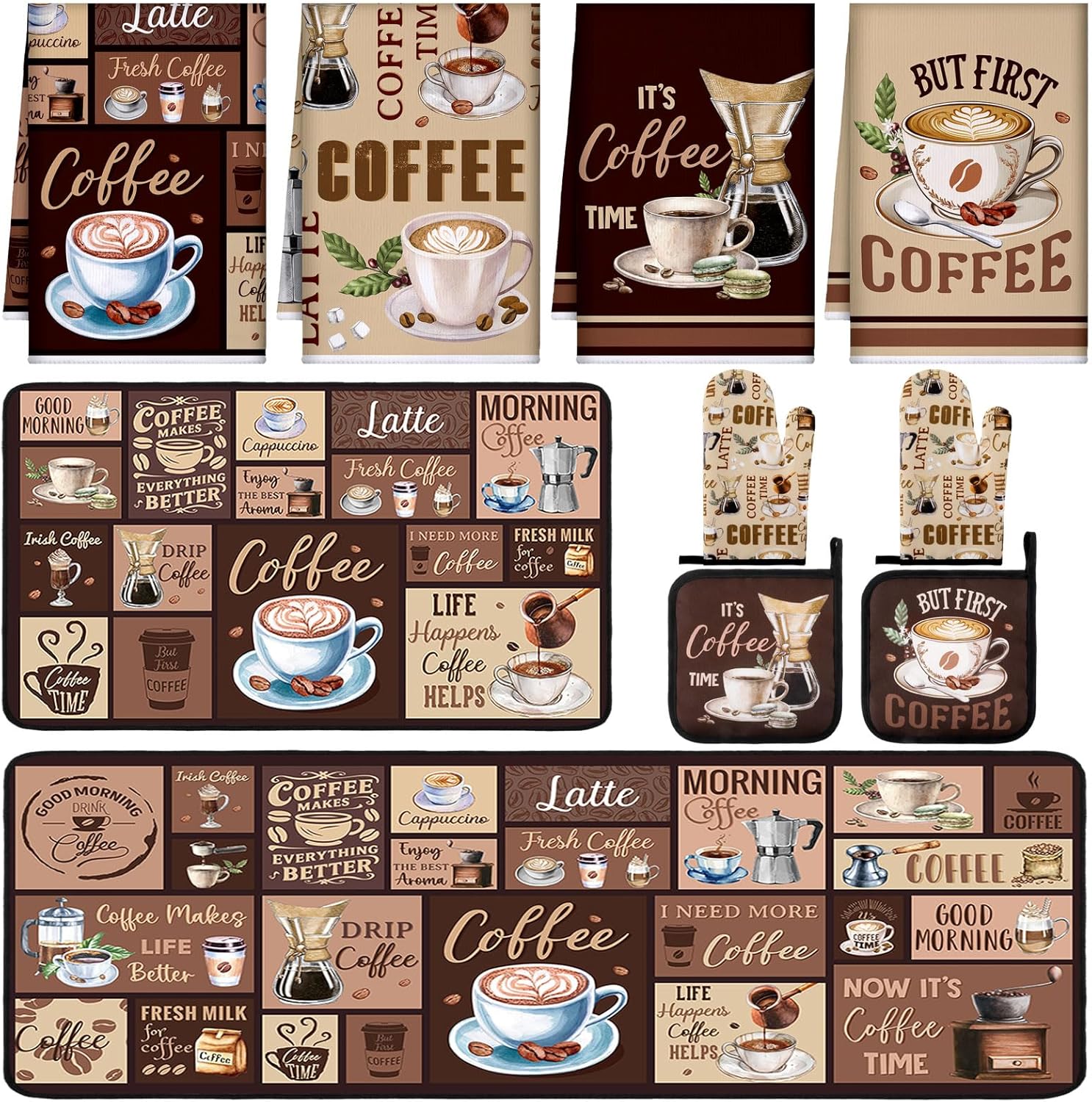 Fourluoo 10 Pcs Coffee Kitchen Decor and Accessories Brown Oven Mitts and Pot Holders Set Coffee Dish Towels Brown Kitchen Rugs and Mats for Chef Baking Cooking Grilling BBQ Women Gift