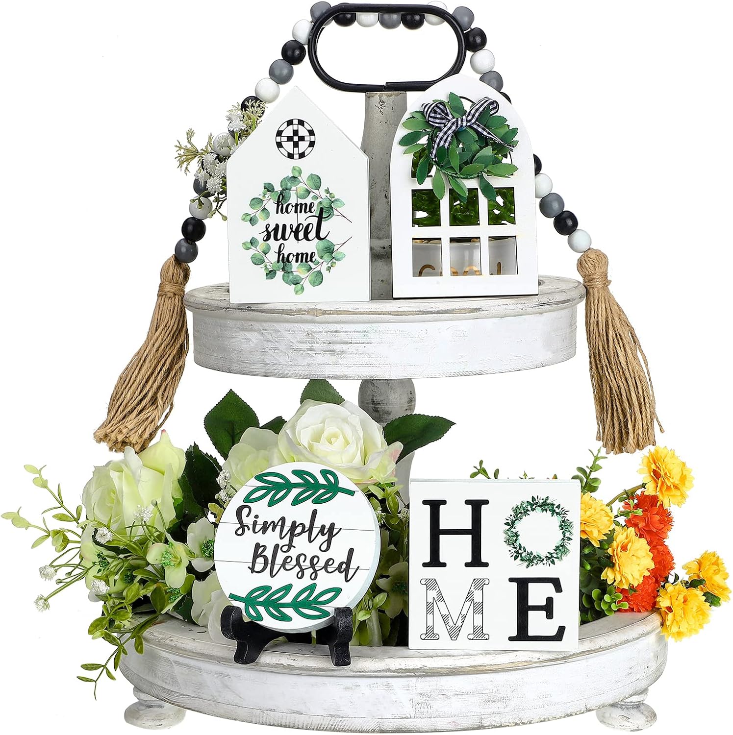 GlikCeil 6 Pieces Farmhouse Tiered Tray Decor Bundle Home Farmhouse Items Signs Set Rustic Farmhouse Mini Rolling Pins Farmhouse and Beaded Garland for Home Kitchen Shelf