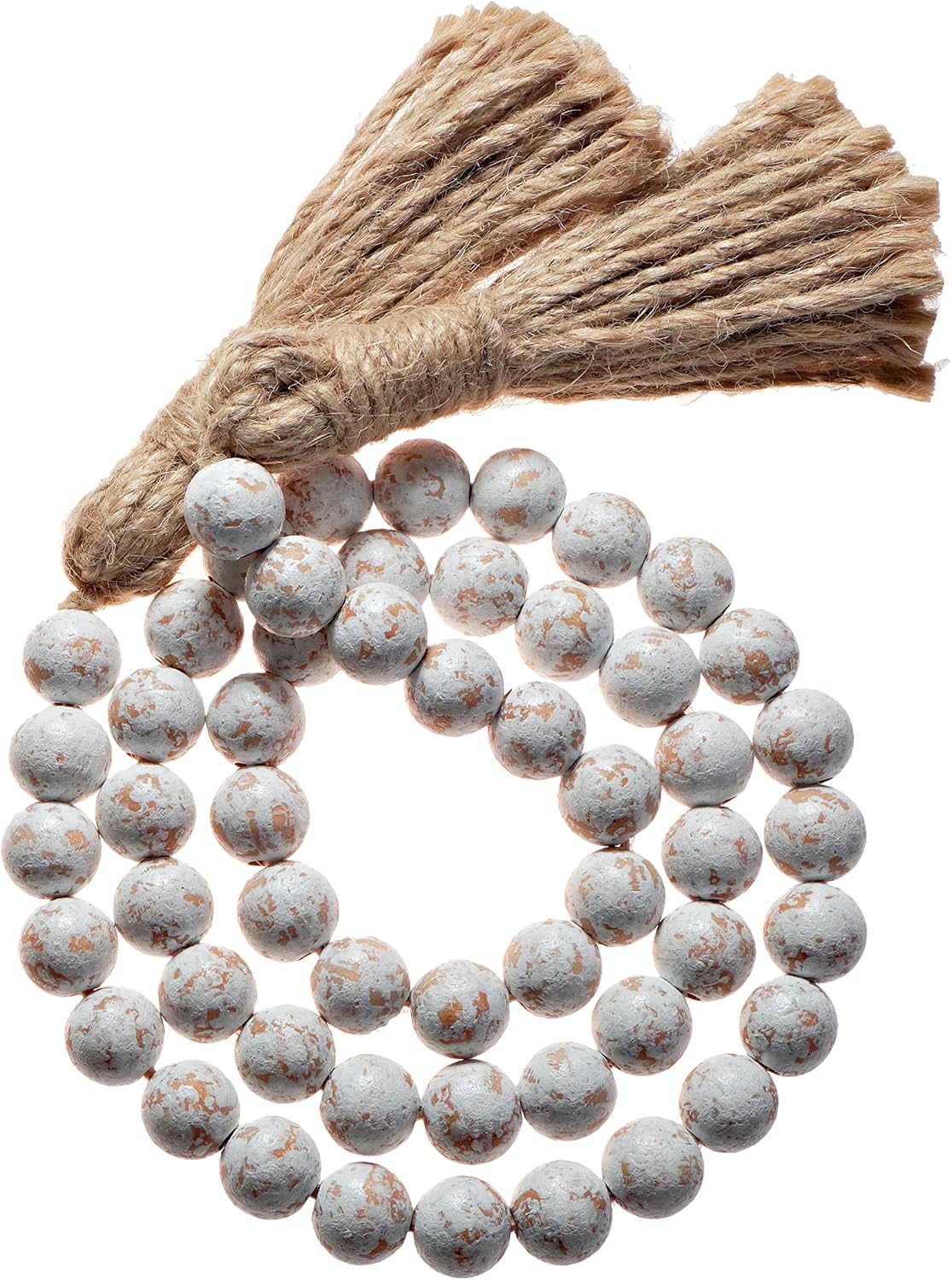 Farmhouse Wood Bead Garland Home Decor, Natural Wooden Garland for Tiered Tray, Decorative Tassel for Tier Tray, Rustic Beads Centerpiece Boho Table Decor, Beaded Accent White Washed