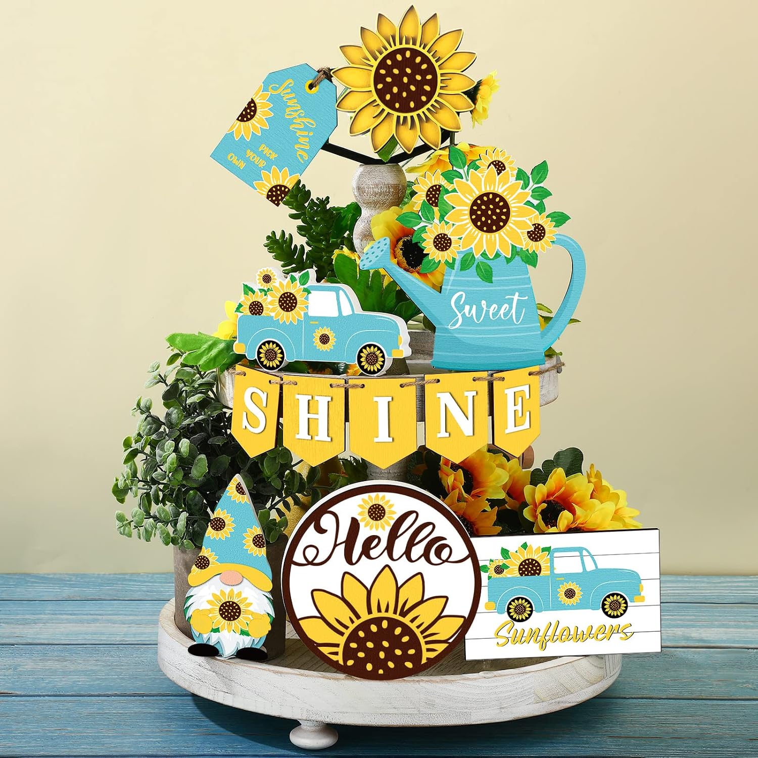 Jetec 12 Pcs Sunflower Tiered Tray Decor Spring Wooden Farmhouse Summer Tiered Tray Signs Truck Gnomes Tabletop for Home Rustic Kitchen Decorations