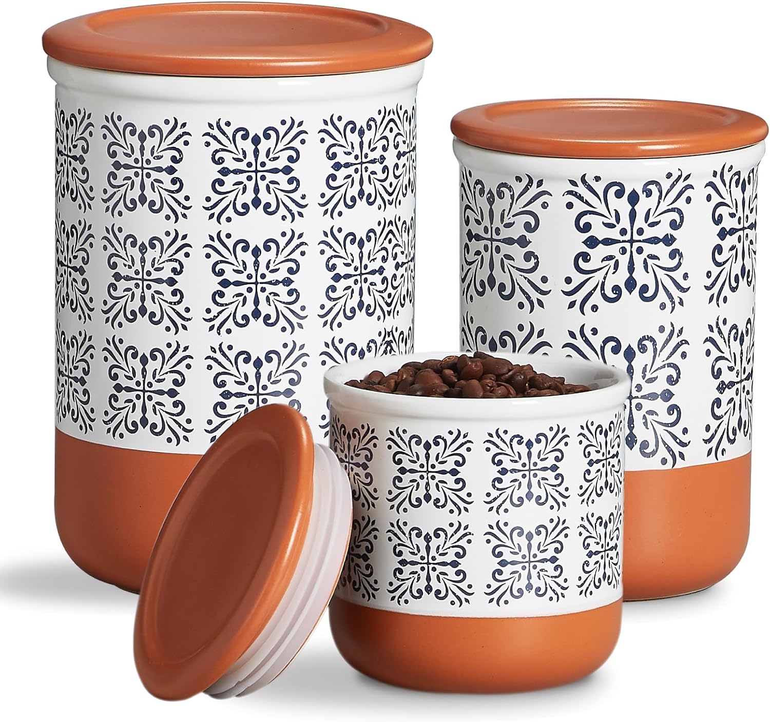 Canisters Sets for Kitchen Counter Ceramic Food Storage Jars with Airtight Lids, Sugar and Flour Containers Set of 3 – for Coffee, Tea, Spice – Stylish Countertop Décor