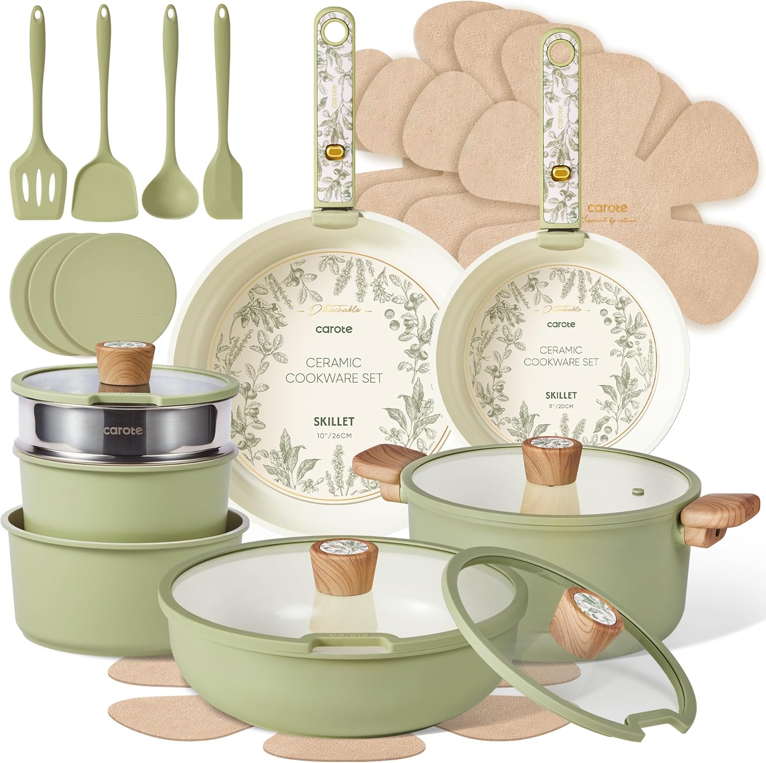 CAROTE 25-Piece Ceramic Cookware Set, Nonstick Pots and Pans Set with Detachable Handle, Non-Toxic Kitchen Cooking Set, Dishwasher & Oven Safe, Induction Compatible, PFAS Free