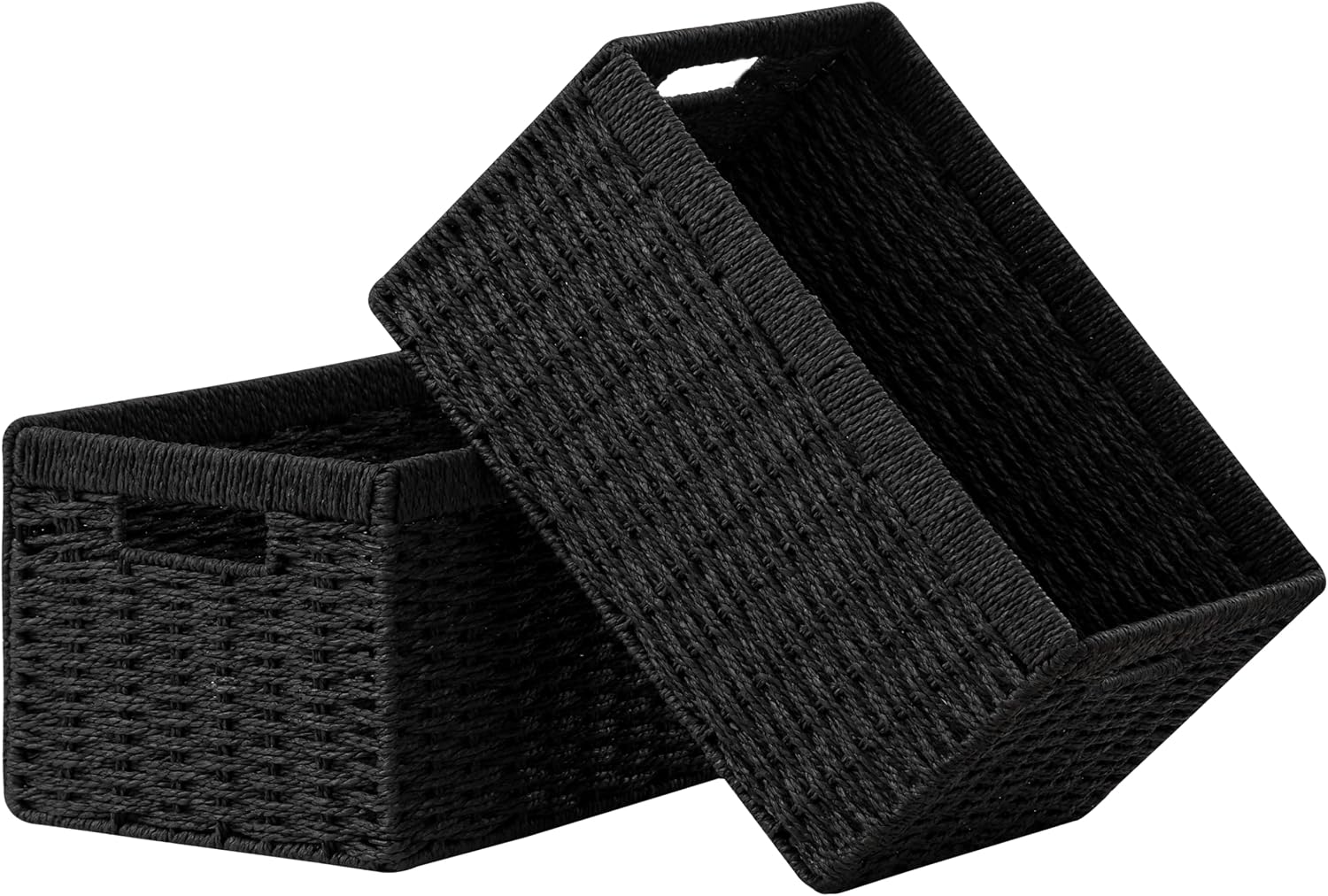 UBBCARE 2 Pack Wicker Basket, 13.4L×8.3H×7.1W inch Woven Paper Rope Storage Baskets for Shelves, Foldable Rectangular Storage Baskets with Handle, Storage Basket for Organizing, Black