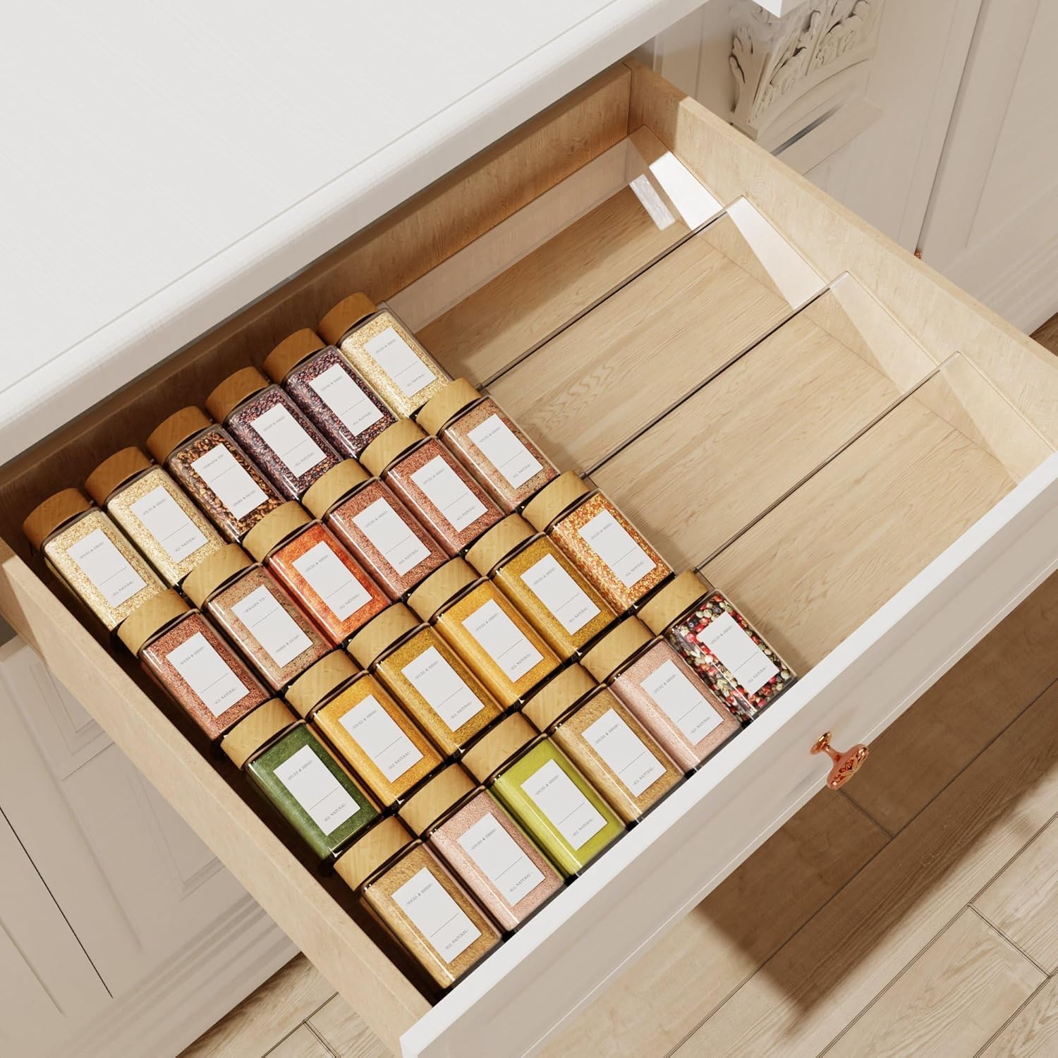Jadehom Spice Drawer Organizer, 4 Tier Clear Acrylic Expandable From 13″ to 26″ Seasoning Jars Drawer Insert, Kitchen Drawer Spice Rack Tray for Cabinet/Countertop