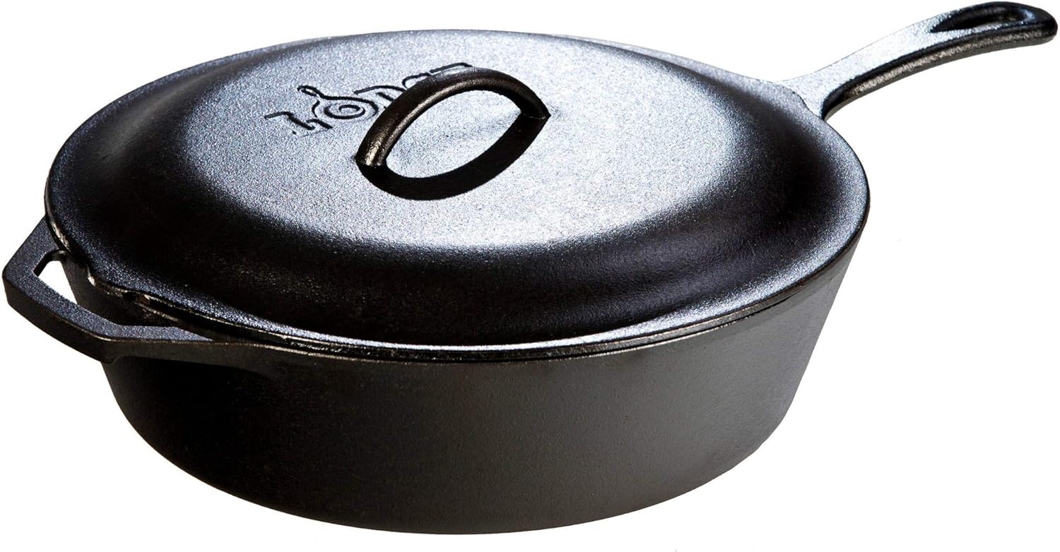 Lodge Cast Iron Covered Deep Skillet – Pre-Seasoned Deep Cast Iron Skillet with Lid – Heavy-Duty Family Size Frying Pan for Braising, Sautéing, Grilling & Everyday Cooking – 5 Quart