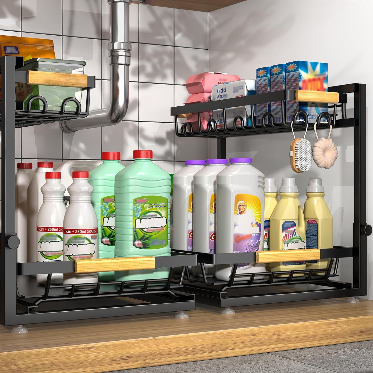 Sevenblue 2-Pack 2-Tier Height Adjustable Under Sink Organizer & Storage | Multi-purpose storage for kitchen & bathroom cabinet. Large black shelf, height adjustable design for space-saving.