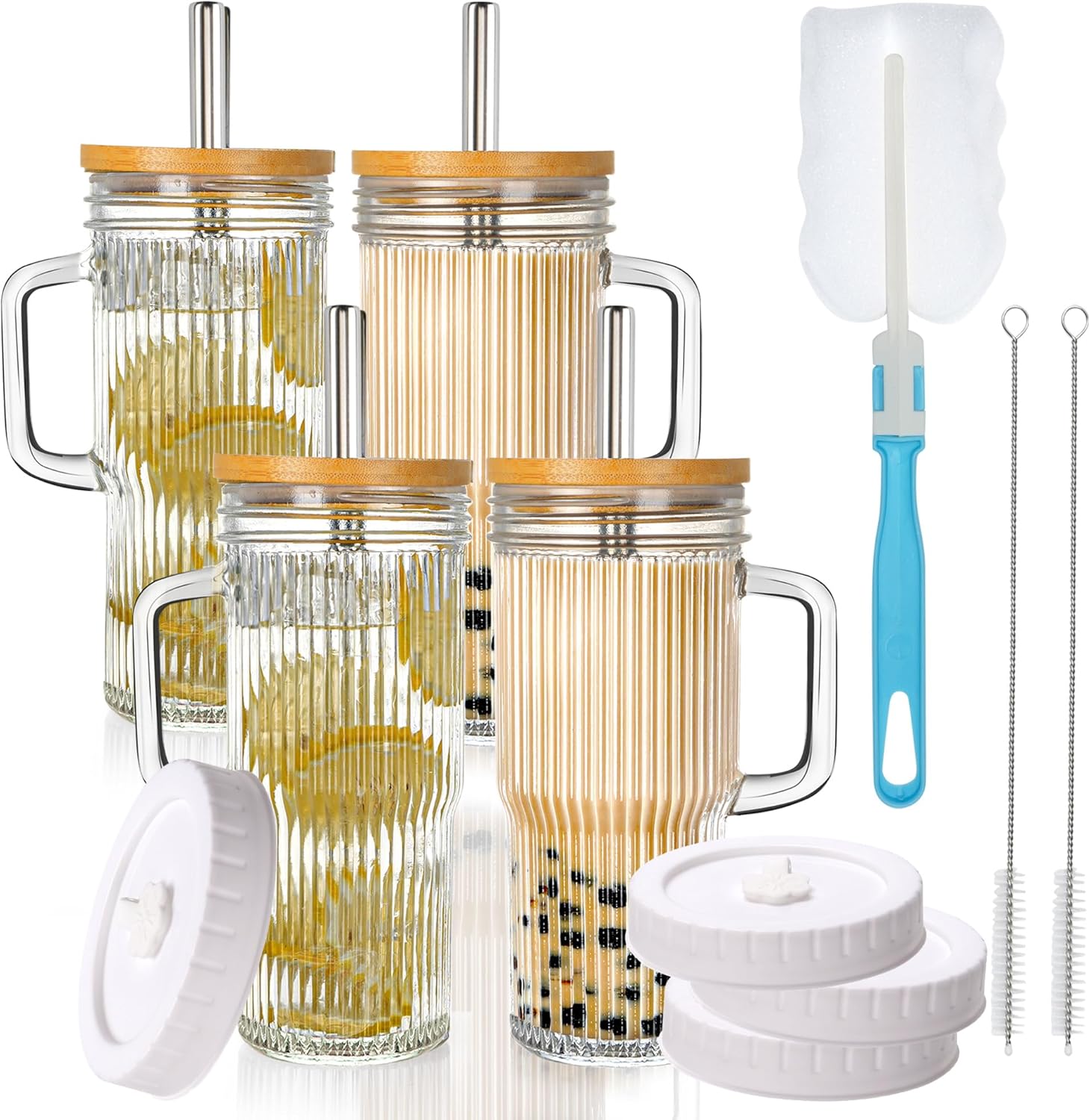 24oz Ribbed Glass Tumbler With Handle,4Pack Glass Cup with Lids and Straws,Reusable Glass Iced Coffee Cups With lids,Mason Jar Cup&Drinking Glasses for Smoothie,Shake,Juice,Soda Water,Tea,Travel