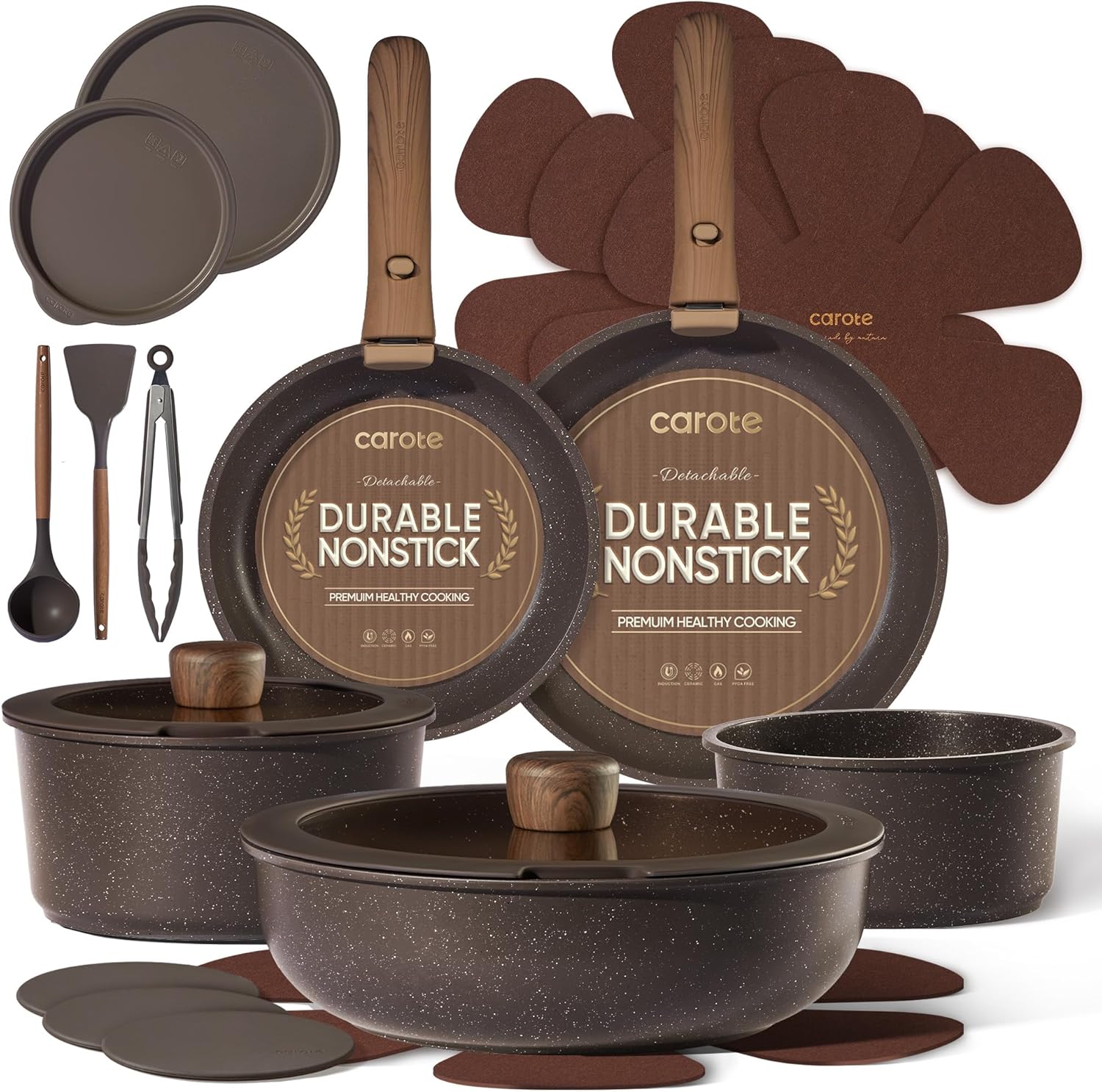 CAROTE 21PCS Pots and Pans Set Non Stick with Detachable Handle, Nonstick Cookware Sets, Cooking Kitchen Set, Oven/Dishwasher Safe, Induction Cookware, Brown, RV Kitchen Pot and Pan