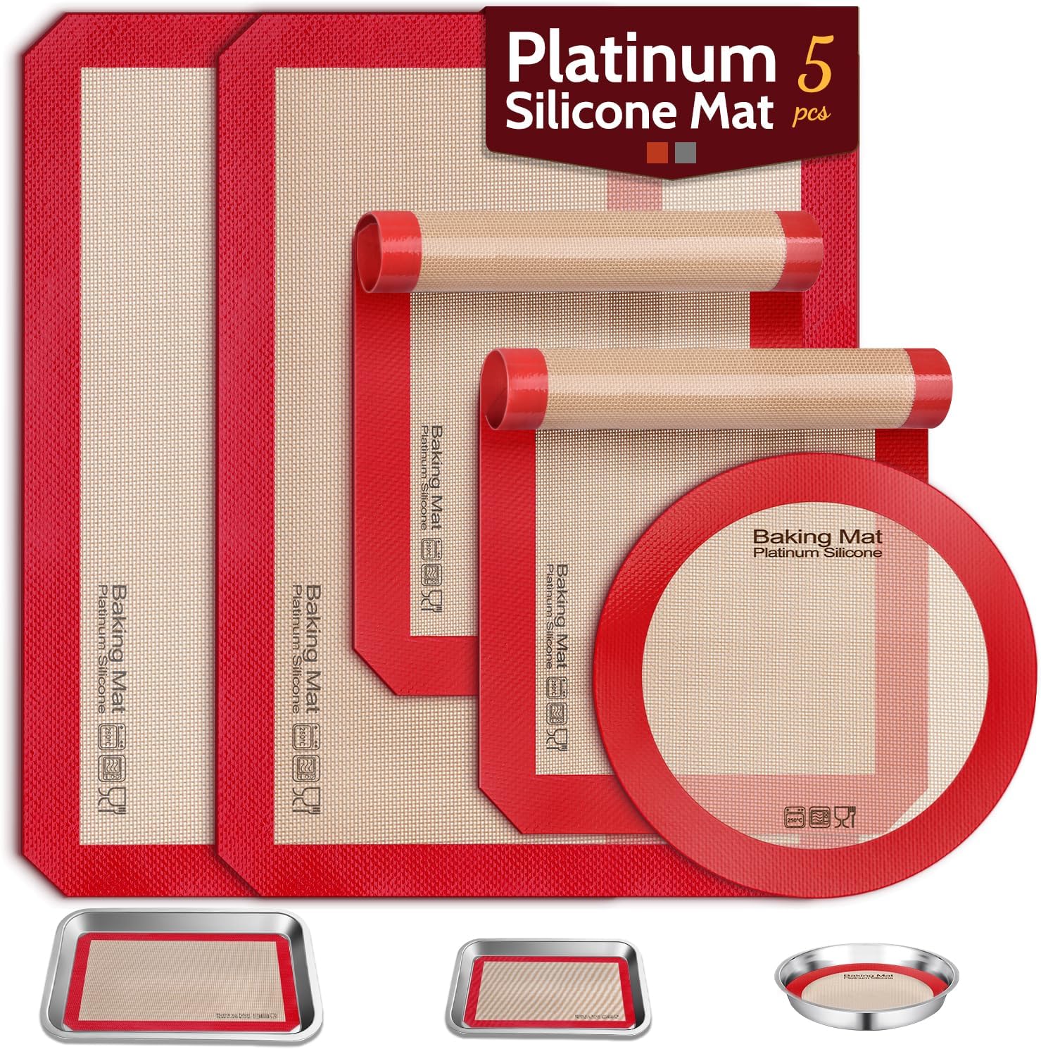 Silicone Baking Mat, Non-Stick Platinum Silicone Baking Sheet, 5 Pcs Red | Reusable, Food-Grade, Heat Resistant to 480℃, Dishwasher Safe, Half-sheets, quarter-sheets, and round mat Set, Versatility
