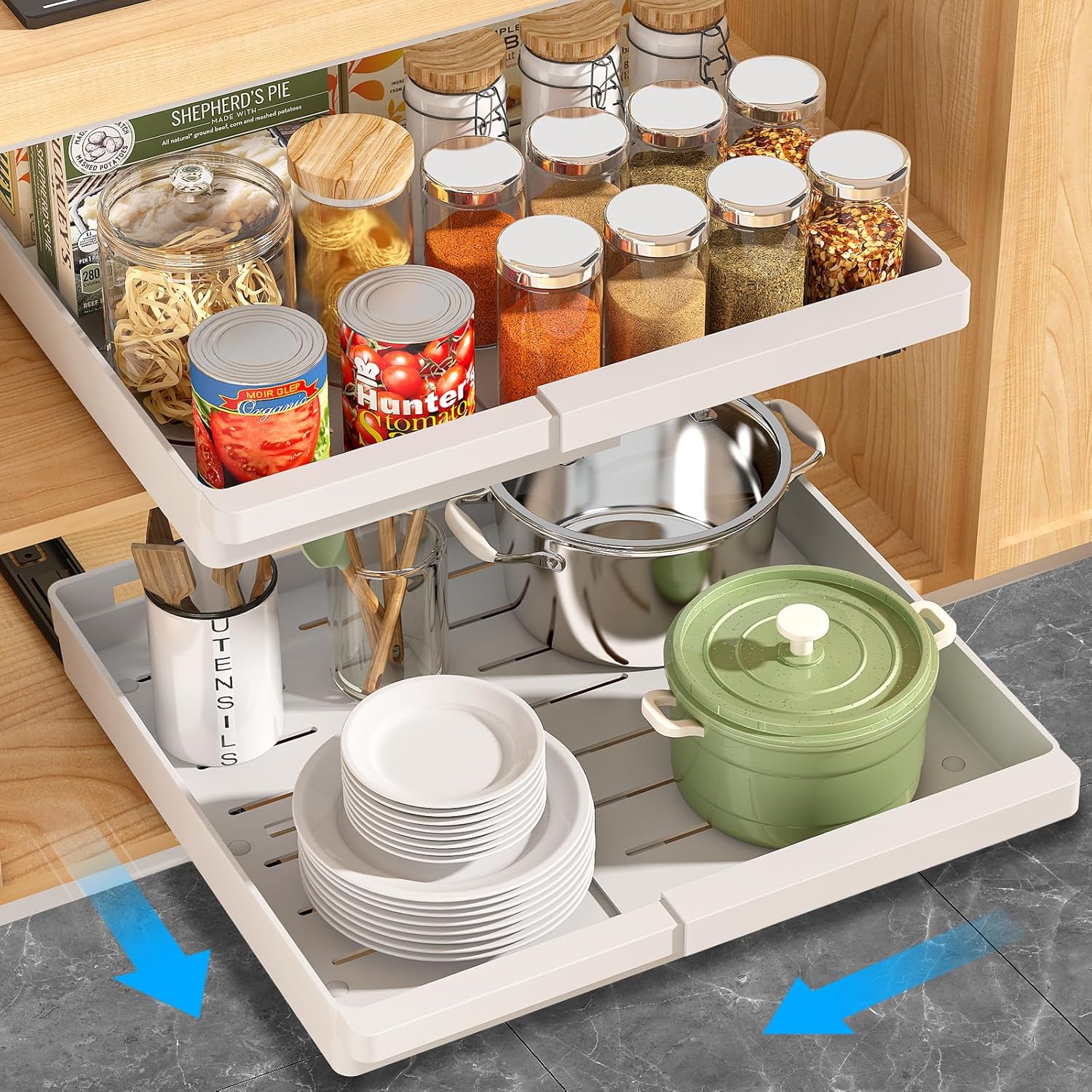 DOMNIU 2 Pack Pull Out Cabinet Organizers Expandable, Plastic Slide Out Drawers for Kitchen, Bathroom, Pantry, Under Sink Storage, Pull Out Drawers Fixed with Adhesive Nano Film (White, 11.6”-17.5”)