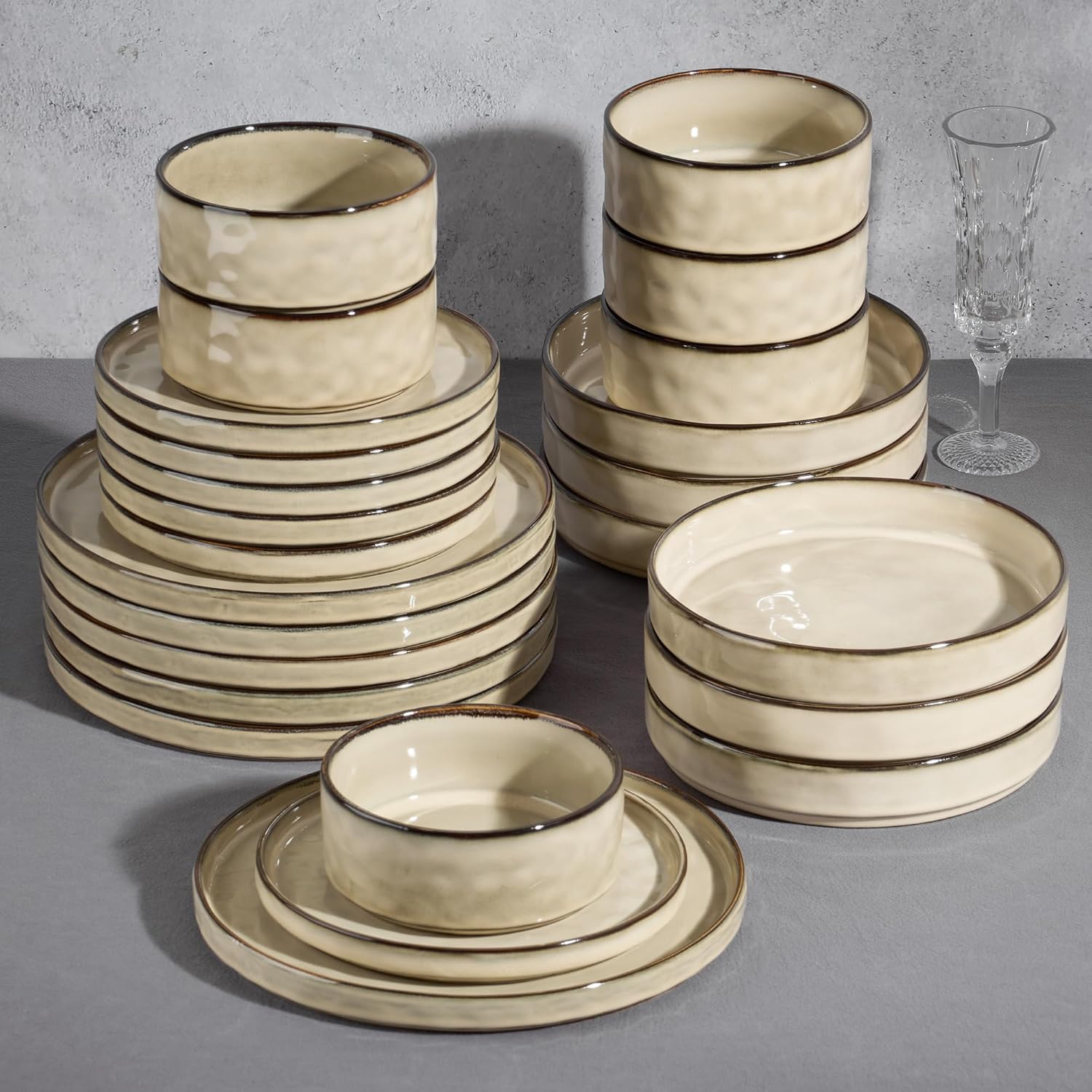 E-far 24-Piece Plates and Bowls Sets with Pasta Bowls – Stoneware Dinnerware Set for 6, Modern Ribbed Dishes, Microwave & Dishwasher Safe, Sandy Khaki