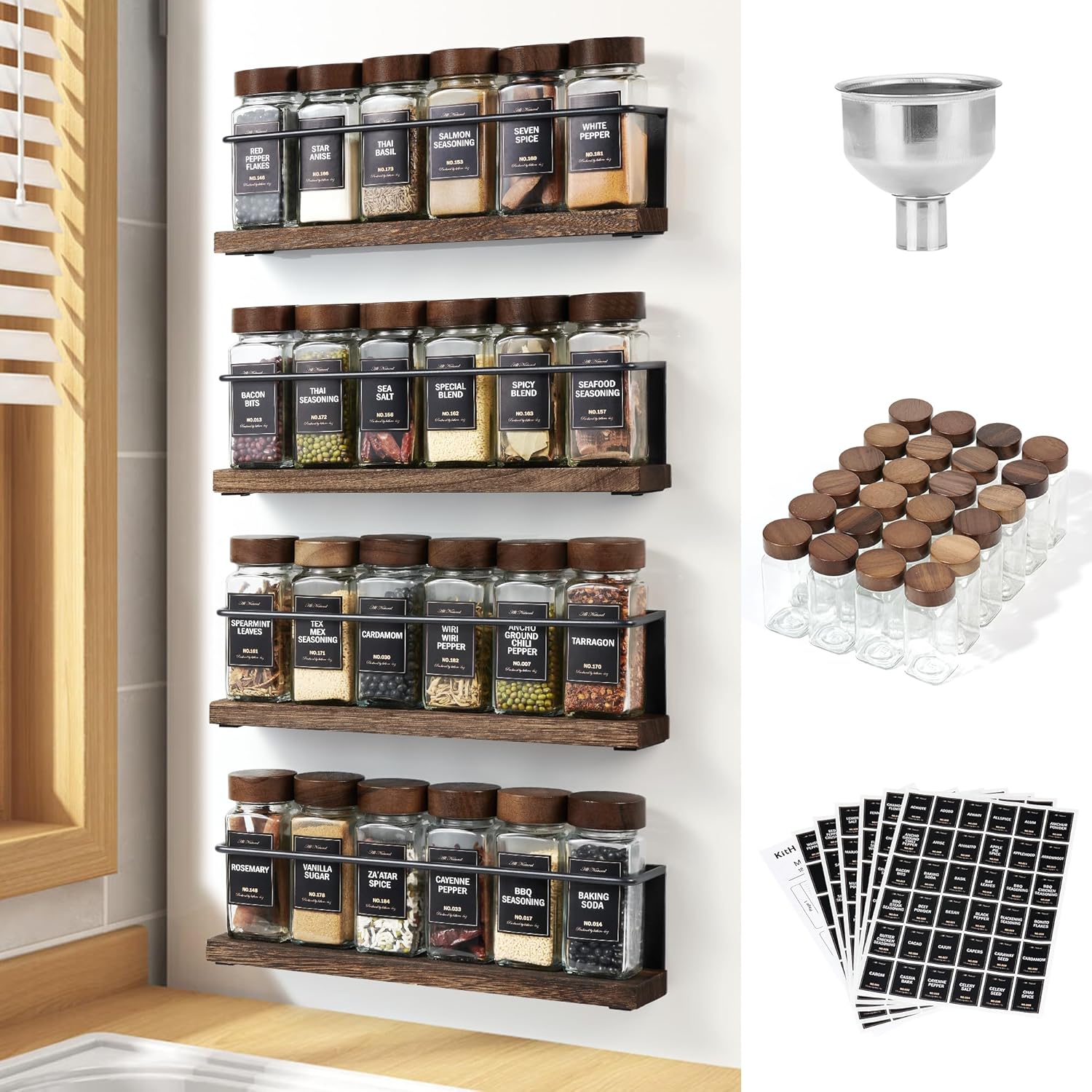 Wooden Lid Magnetic Spice Rack with 24 Jars, 216 Labels, 1 Steel Funnel for Refrigerator，Microwave Oven – Full Set of Spice Organizer