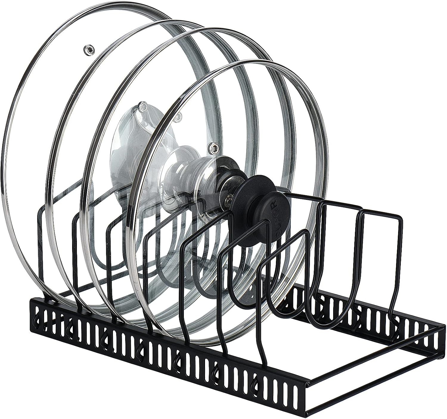 Toplife Pot Lids Organizer Rack for Cabinet and Countertop, 7+ Pan Lids and Bakeware Organizer Rack Holder with 7 Adjustable Compartments – Black