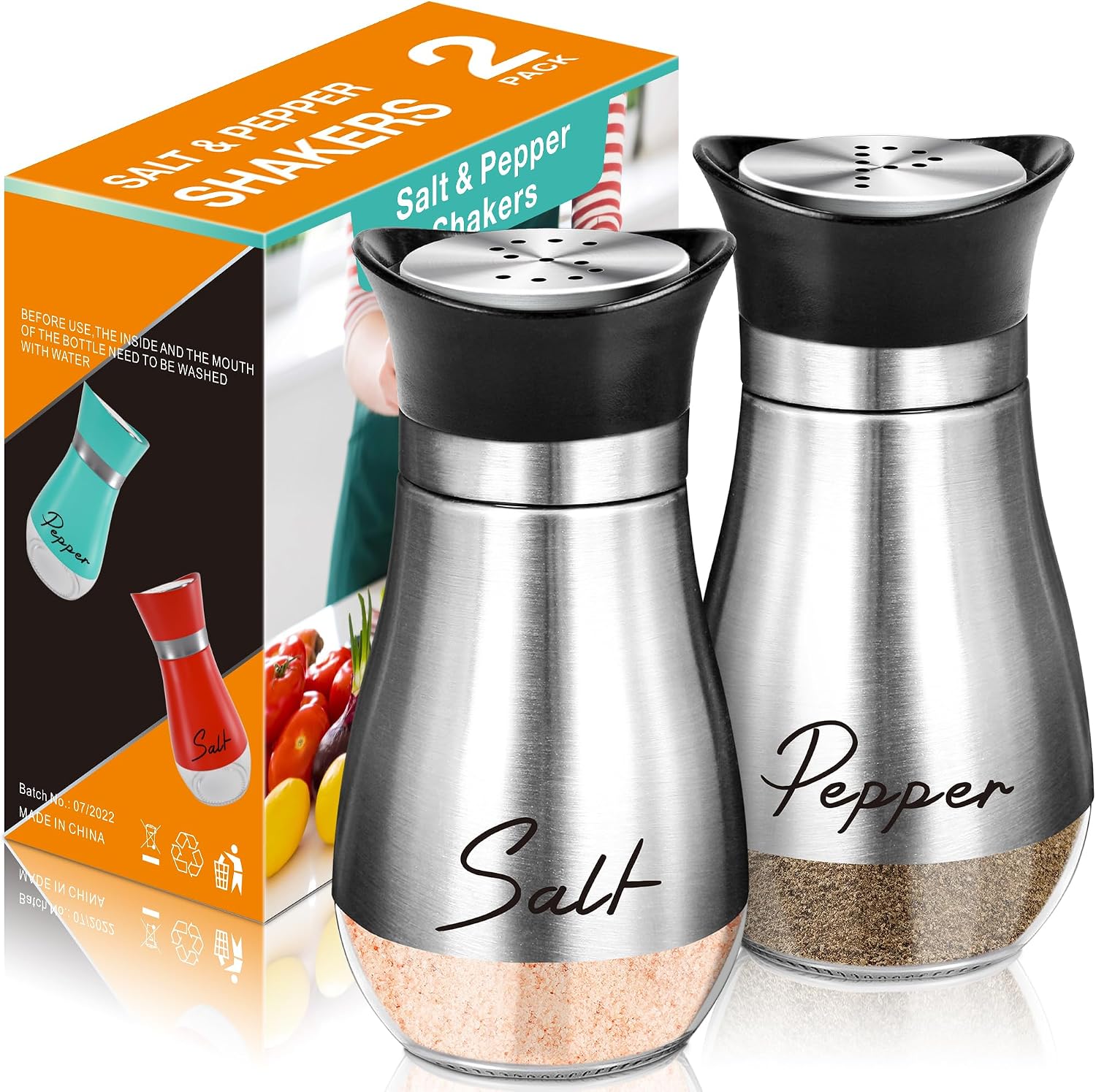 Salt Shakers and Pepper Set,4 oz Glass Bottom Salt Pepper Shaker with Stainless Steel Lid for Kitchen Gadgets Cooking Table, RV, Camp,BBQ Refillable Design (Silver)