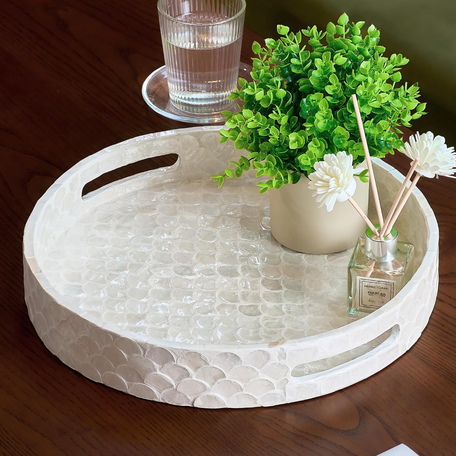 CHI AN HOME 12.6 Inch Capiz Round Decorative Tray, Decorative Serving Tray with Handles for Coffee Table, Kitchen Counter, Bathroom Vanity or Dining Table Centerpiece Tray, Modern Farmhouse Decor