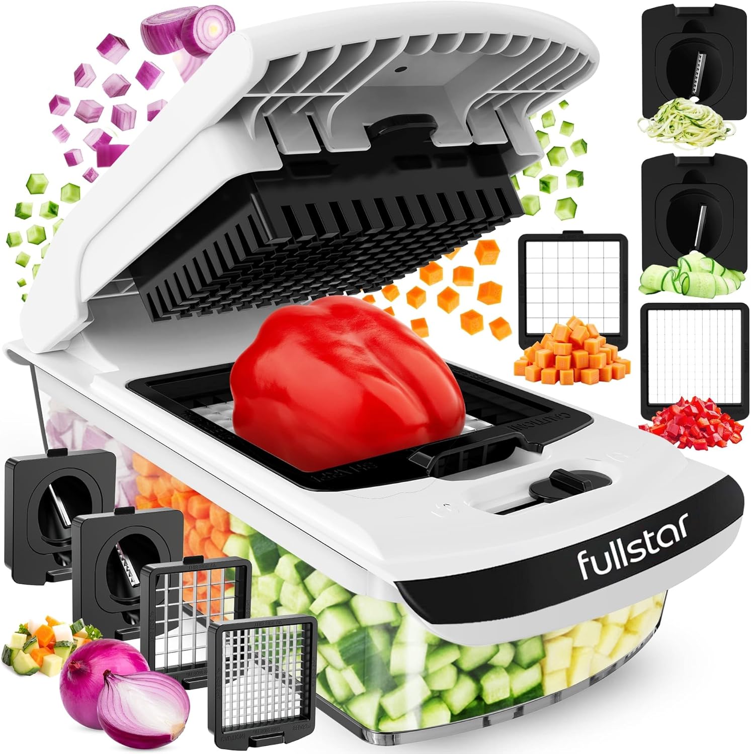 Fullstar Pro Original Vegetable Chopper – Chopper and Spiralizer – Food Chopper with Container, Fruit Cutter, Onion Dicer – All-in-One Prep Tool – Kitchen Gadgets and Gifts (4 in 1, White)
