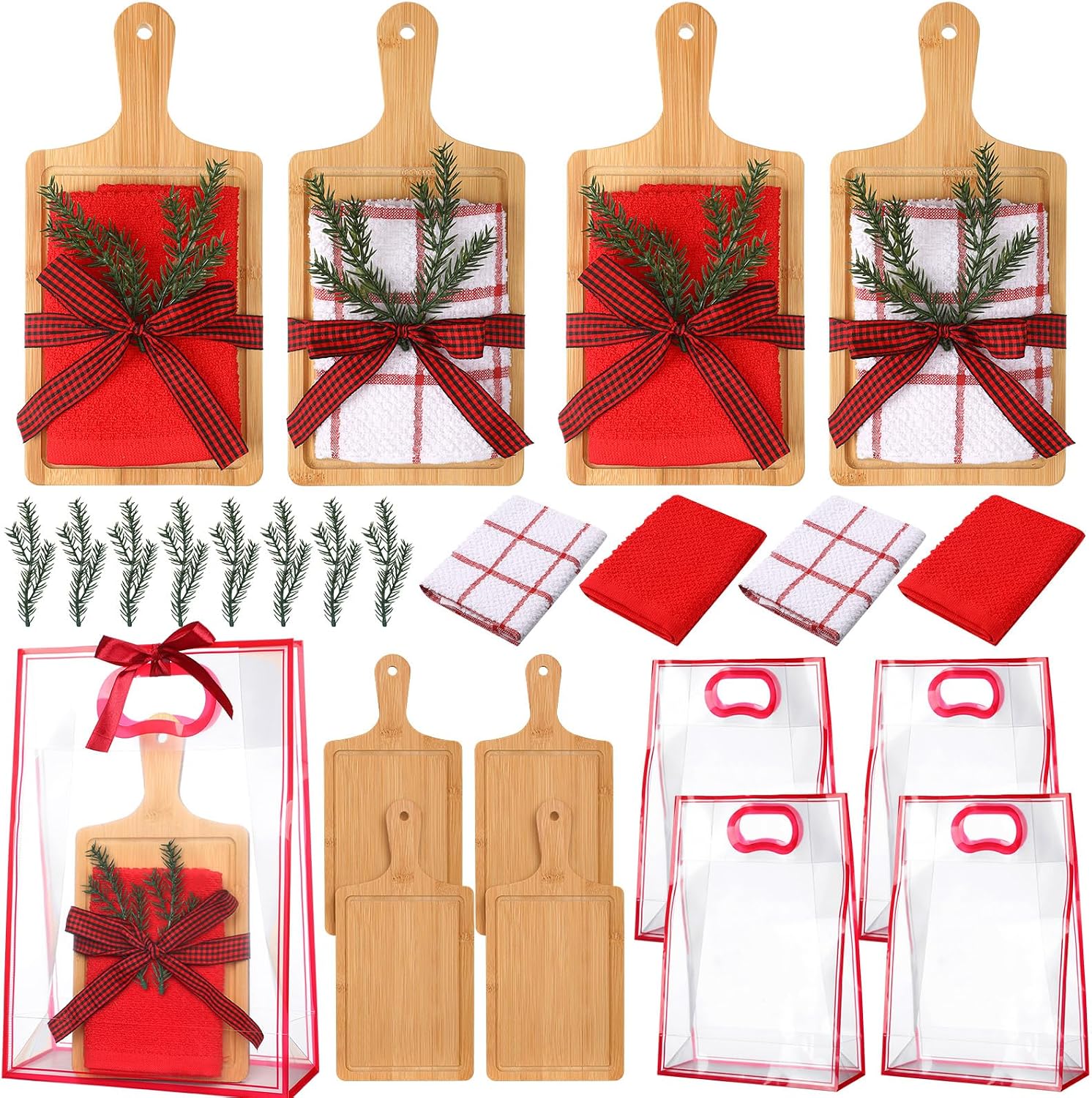 Suclain 4 Sets Christmas Kitchen Gifts Christmas Cutting Board Sets with Gift Bag Waffle Dish Cloths Plaid Ribbon Housewarming Cooking Gifts for Neighbor Xmas Home Party Decor