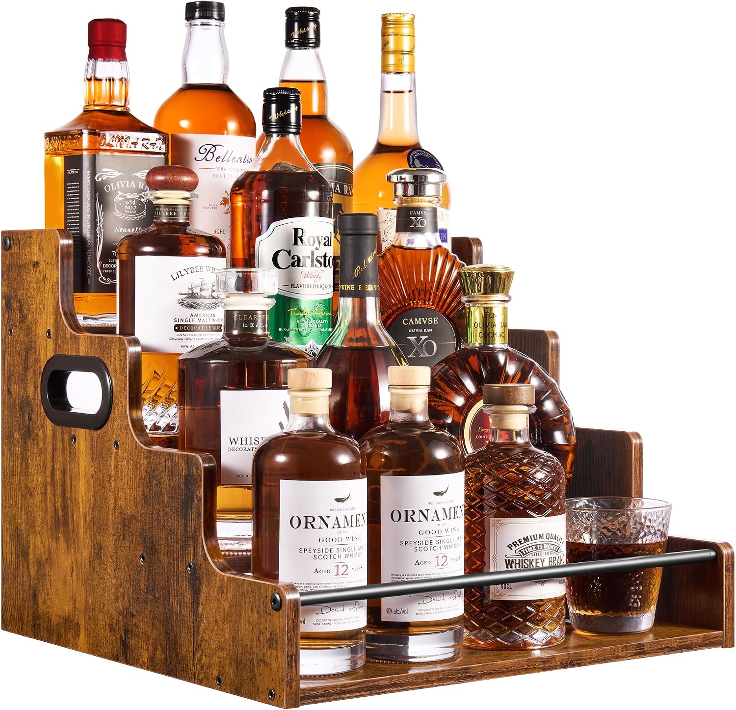 YQBRAO 4-Tier Liquor Bottle Display Shelf, Spice Rack – 16-Inch Coffee Syrup Organizer Rack – Heavy-Duty Countertop Bar Shelves for Liquor Whiskey, Spirits, Syrup Wine Dressing
