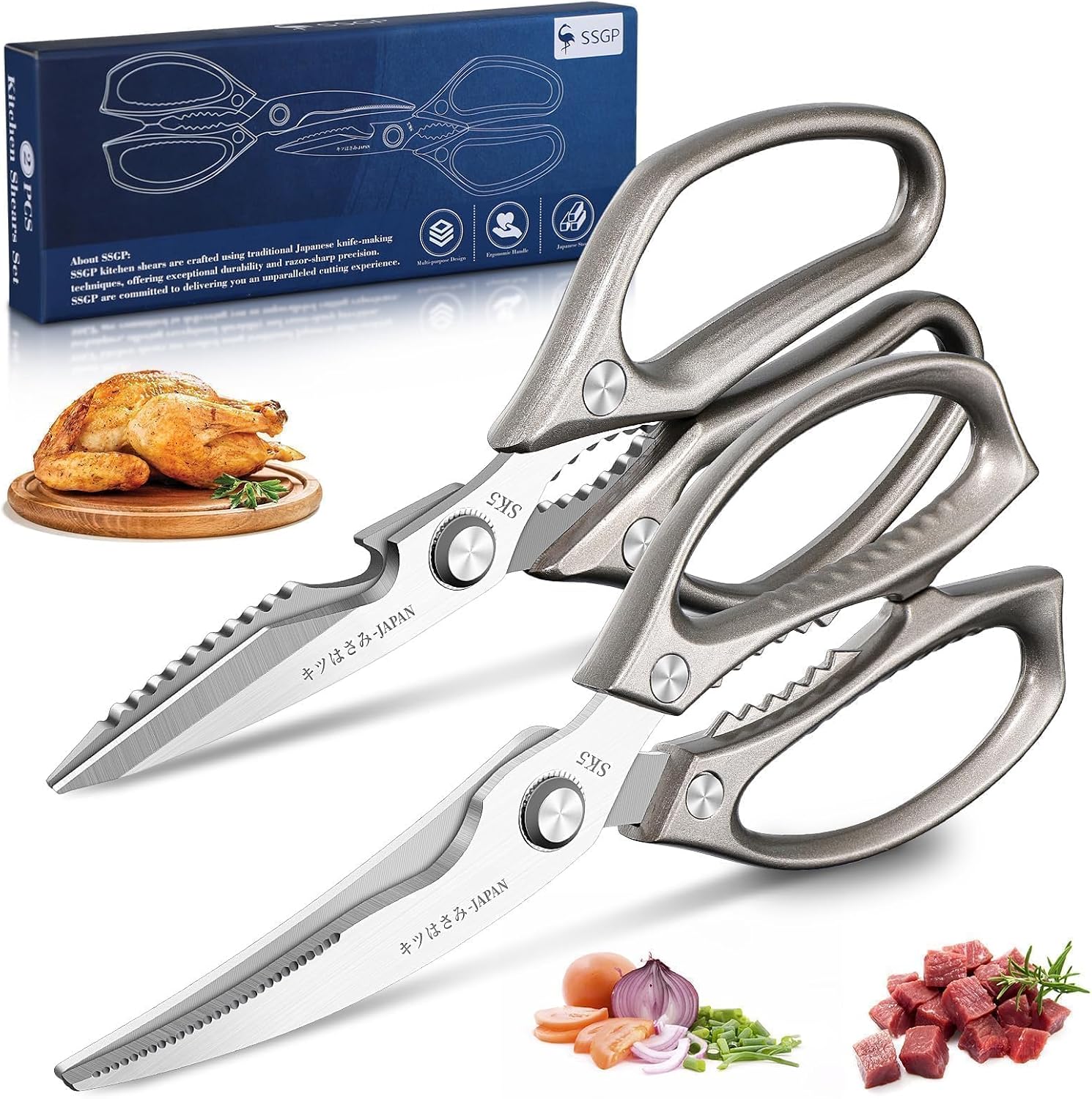 SSGP Kitchen Shears Set, All Purpose Heavy Duty Poultry Shears, Sharp Japanese Meat Scissors, Dishwash Safe Stainless Steel Kitchen Scissors for Food, Chicken Bones, Turkey, Cooking Gifts for Men Dad