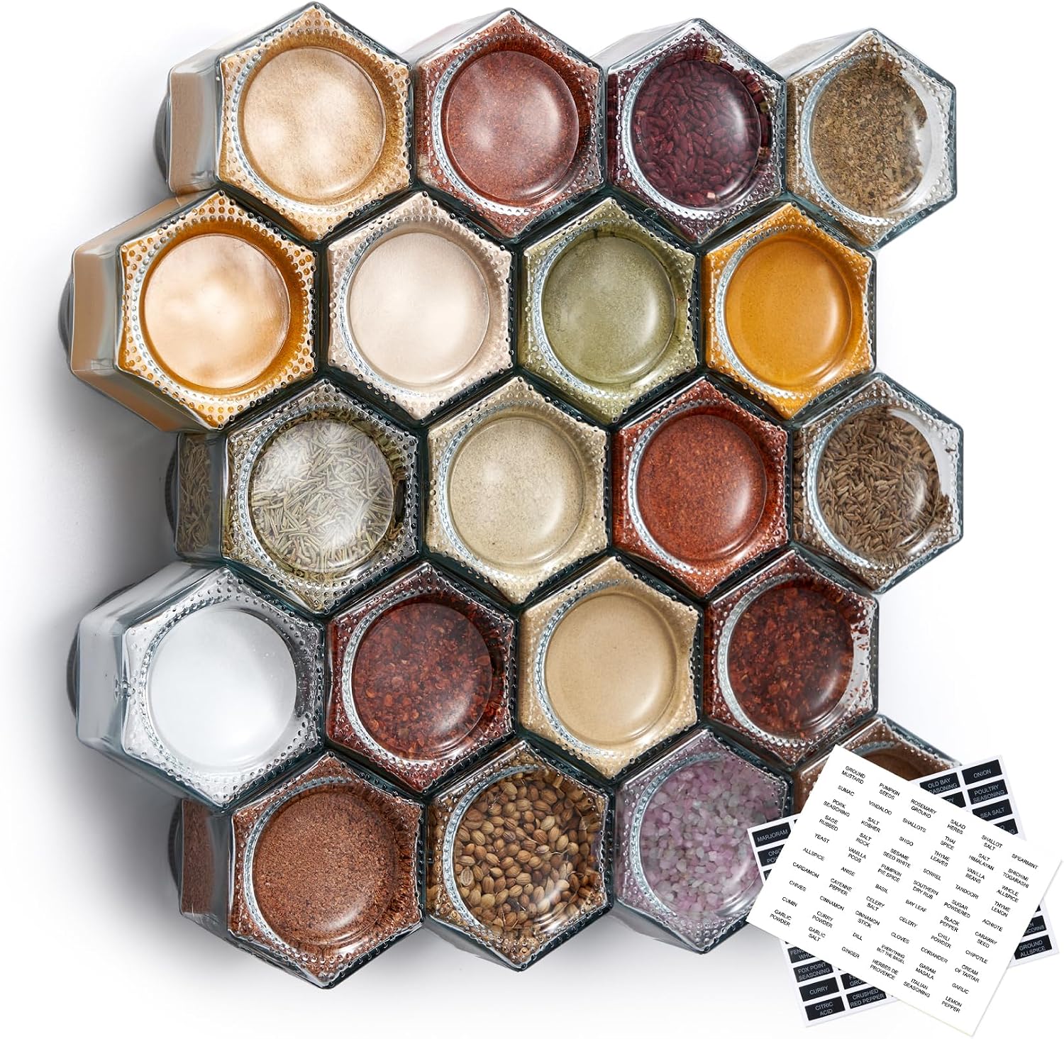 Homazing Set of 20 Large 4oz Magnetic Spice Jars for Refrigerator, Hexagon Glass Magnetic Spice Jars with Shaker Lids and Labels for Kitchen RV Travel Trailer, Magnetic Spice Containers for Fridge