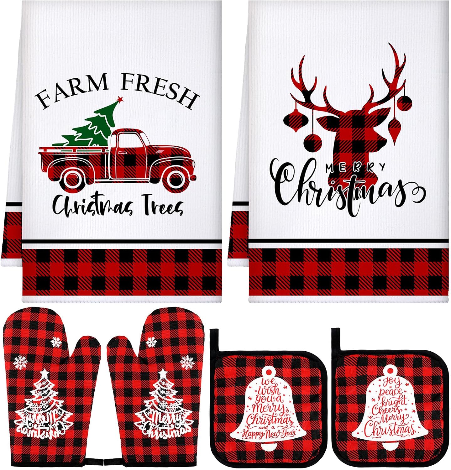 Bencailor 6 Pcs Christmas Kitchen Set Christmas Tree Kitchen Towels Oven Mitts and Pot Holders Set Dish Towel Heat Resistant Oven Mitts for Xmas Decor Cooking Baking Grilling(Truck)
