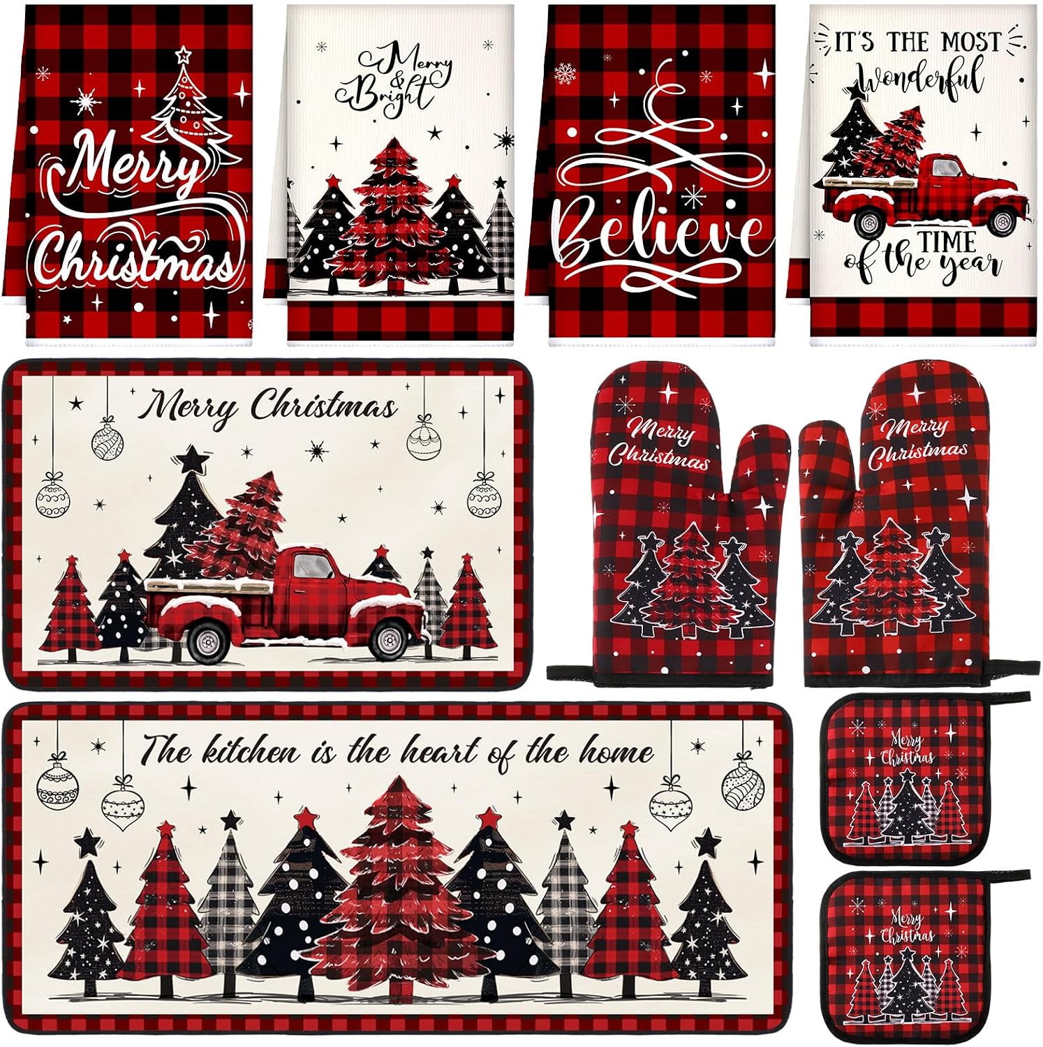 Fanfanwin 10 Pcs Christmas Kitchen Decor Set Kitchen Towels and Rugs Oven Mitts Pot Holders Absorbent Towels for Baking Cooking BBQ Gifts Home Decor(Red,Christmas Tree)