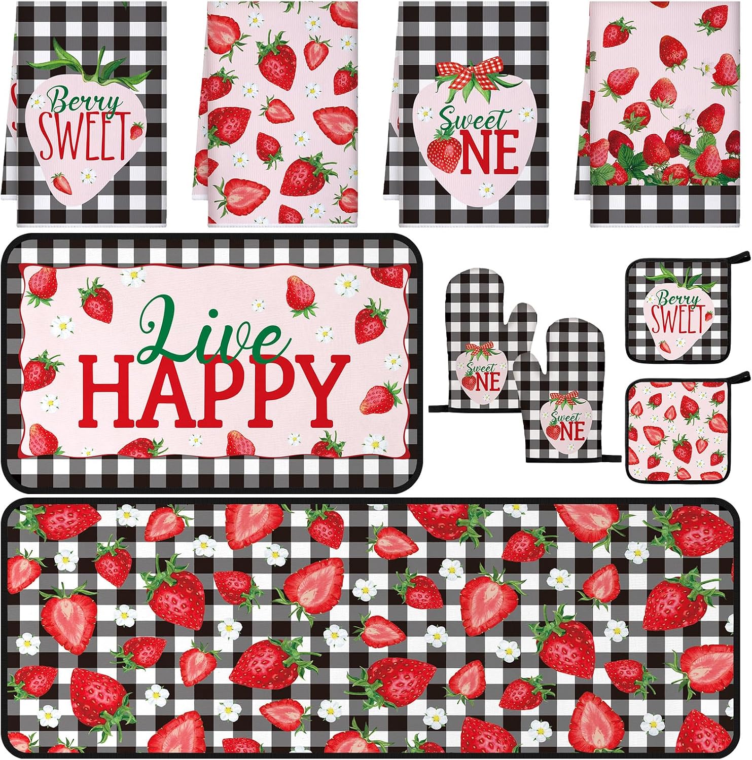 Fourluoo 10 Pcs Strawberry Farmhouse Kitchen Decor Set Dish Towels Kitchen Rugs Oven Mitts and Pot Holders Set for Cooking Baking Grilling Women Mom Daughter Gift (Mixed Color)