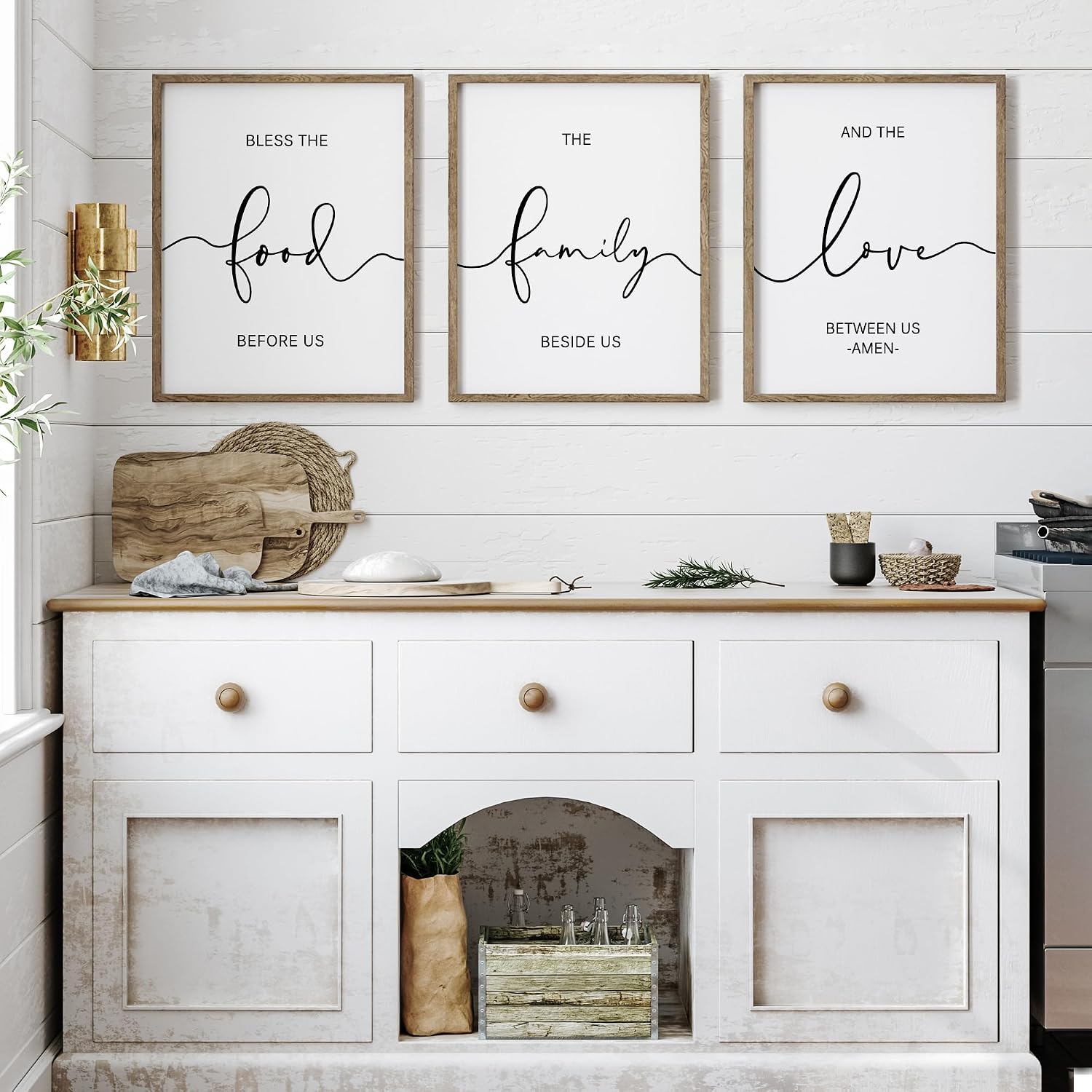 Heiple Set of 3 Framed Farmhouse Bless The Food Before Us Sign Kitchen Wall Decor for Dining Room Decor Wall Art Wood Signs (Brown,11″x14″)