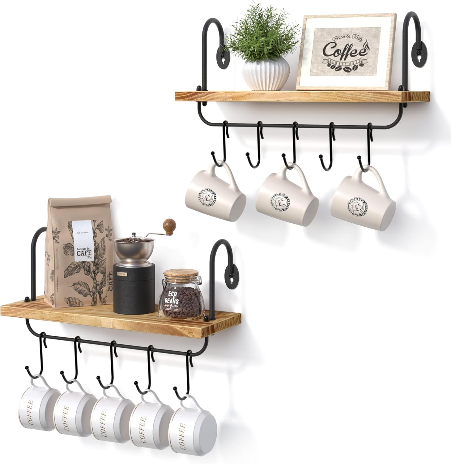 Olakee Floating Wall Shelves for Kitchen Bathroom Coffee Nook with 10 Adjustable Hooks for Coffee Mugs, Coffee Bar Organizer and Decor, Rustic Storage Shelves Set of 2