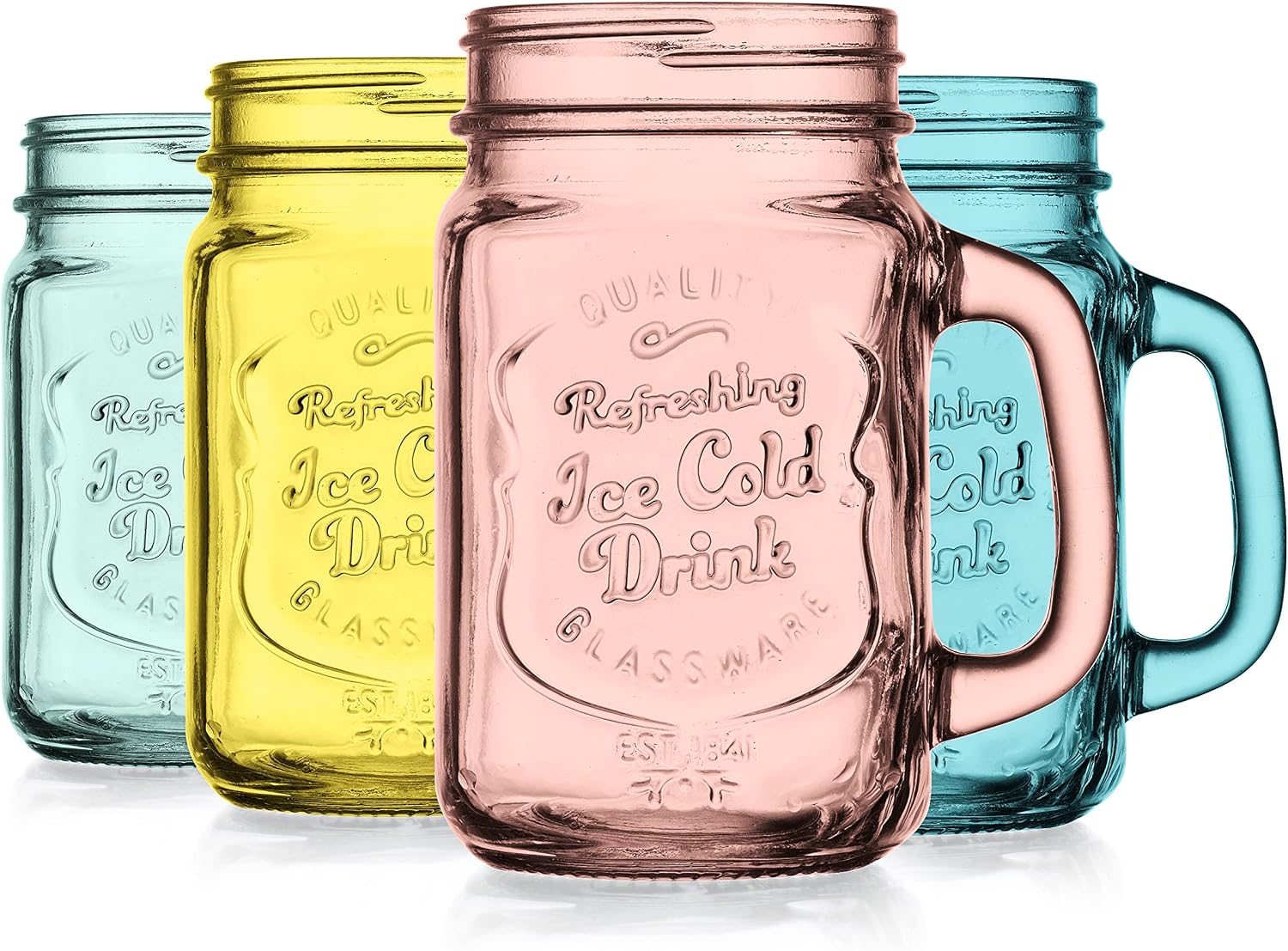 Glaver’s Mason Jar Drinking Glasses Set Of 4, 15 oz. Colored Mugs With Embossed Ice-Cold Drinkware Logo, Glass Mason Jar Mug With Handle. For Smoothies, Cocktails, Beverages. Hand Wash