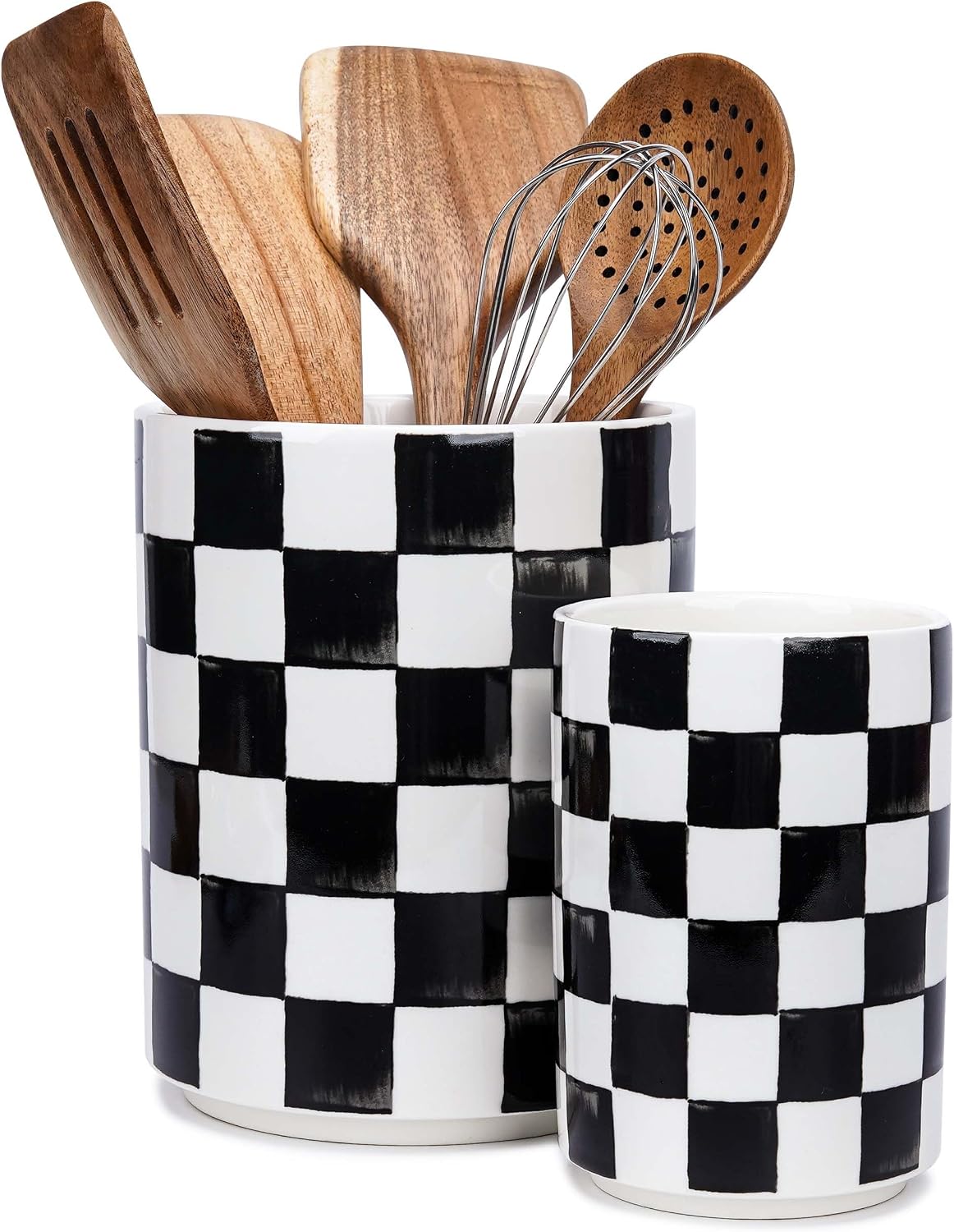 Utensil Holder, 7.2″+5.4″ Checkered Ceramic Utensils Holder, Large and Small Utensil Crocks for Kitchen Counter, Spatula Holder, Farmhouse Kitchen Decor