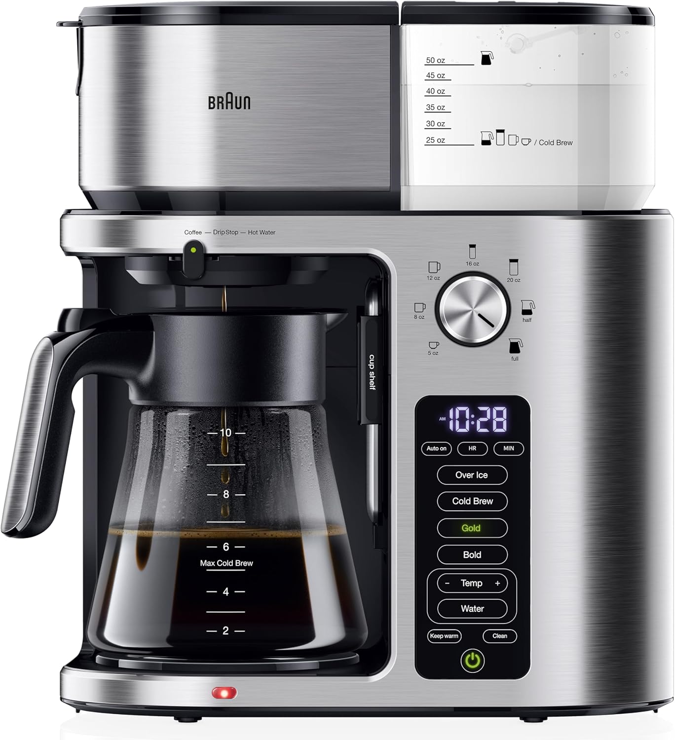 Braun MultiServe Plus 10-Cup Drip Coffee Maker – Hot & Cold Multi-Serve Brewer with Timer and Auto Start, Hot Water Dispenser, Over Ice Function, Stainless Steel & Pod-Free Design, KF9370SI