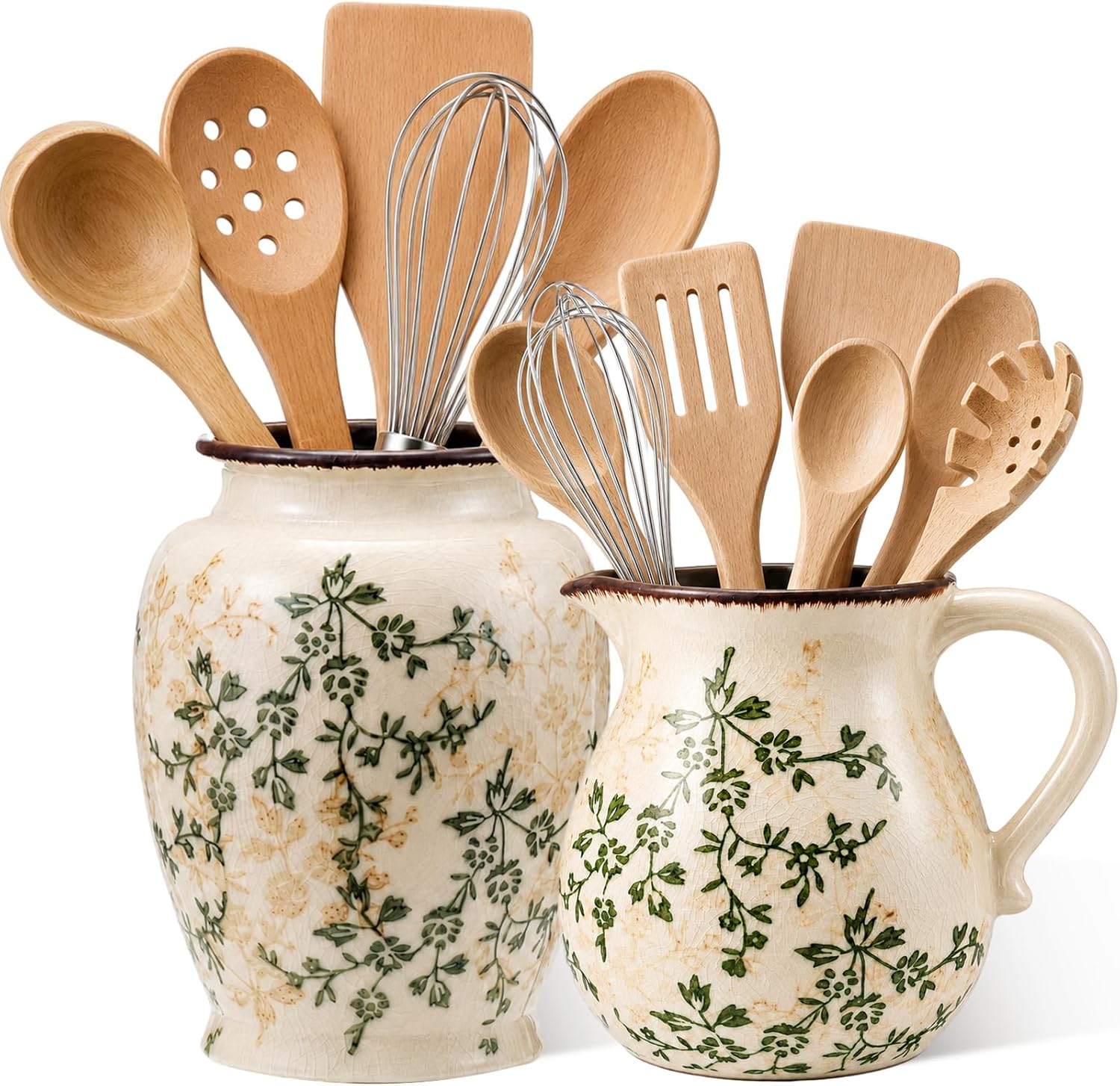 2 Pcs Green and Beige Floral Rustic Kitchen Utensil Holder 7.87″ 5.51″ Ceramic Utensil Holder for Kitchen Counter Vintage Farmhouse Crock Spatula Organizer for Decor Housewarming Gift