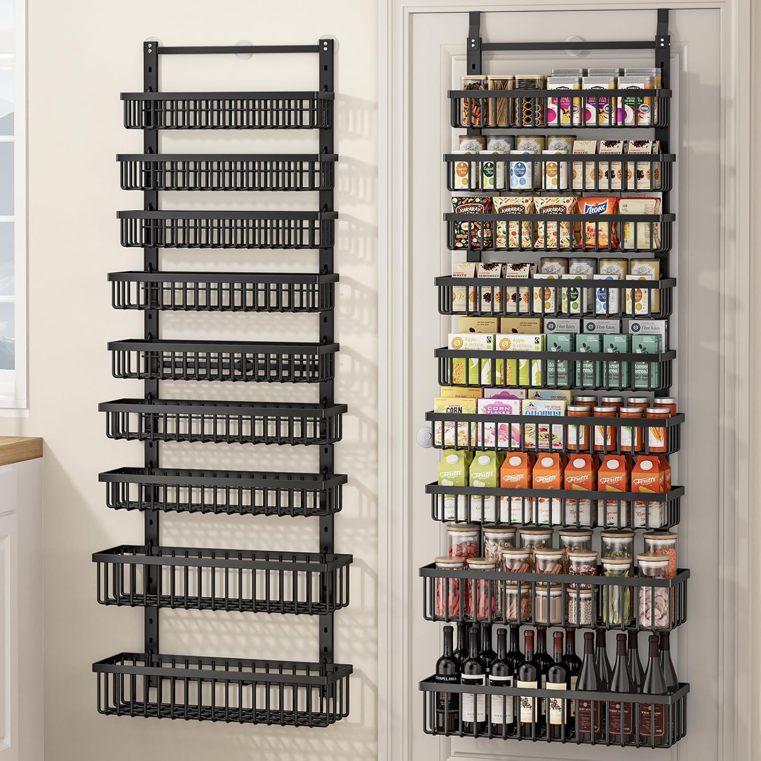 POKIPO 9 Tier Over The Door Pantry Organizer, 2 in 1 Wall Mount or Hanging Spice Rack with Adjustable Deep Basket, Heavy-Duty Seasoning Organizer and Storage for Kitchen Cabinet Closet Bathroom