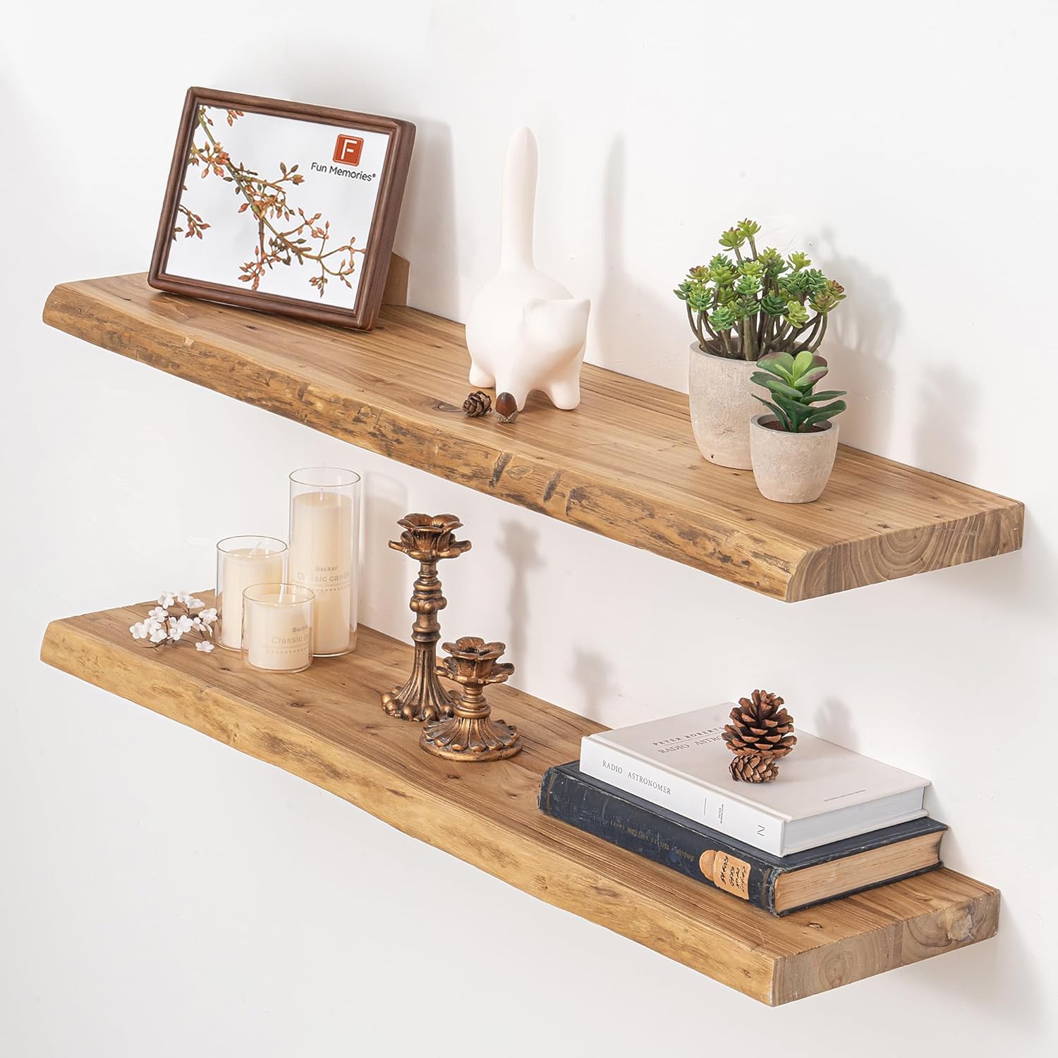 Floating Shelves for Wall, 36″x9.3″ Rustic Solid Live-Edge Elm Wood Wall Shelves, Heavy-Duty Floating Shelves with Invisible Brackets, Set of 2 for Living Room, Bedroom, and Kitchen, Natural Finish