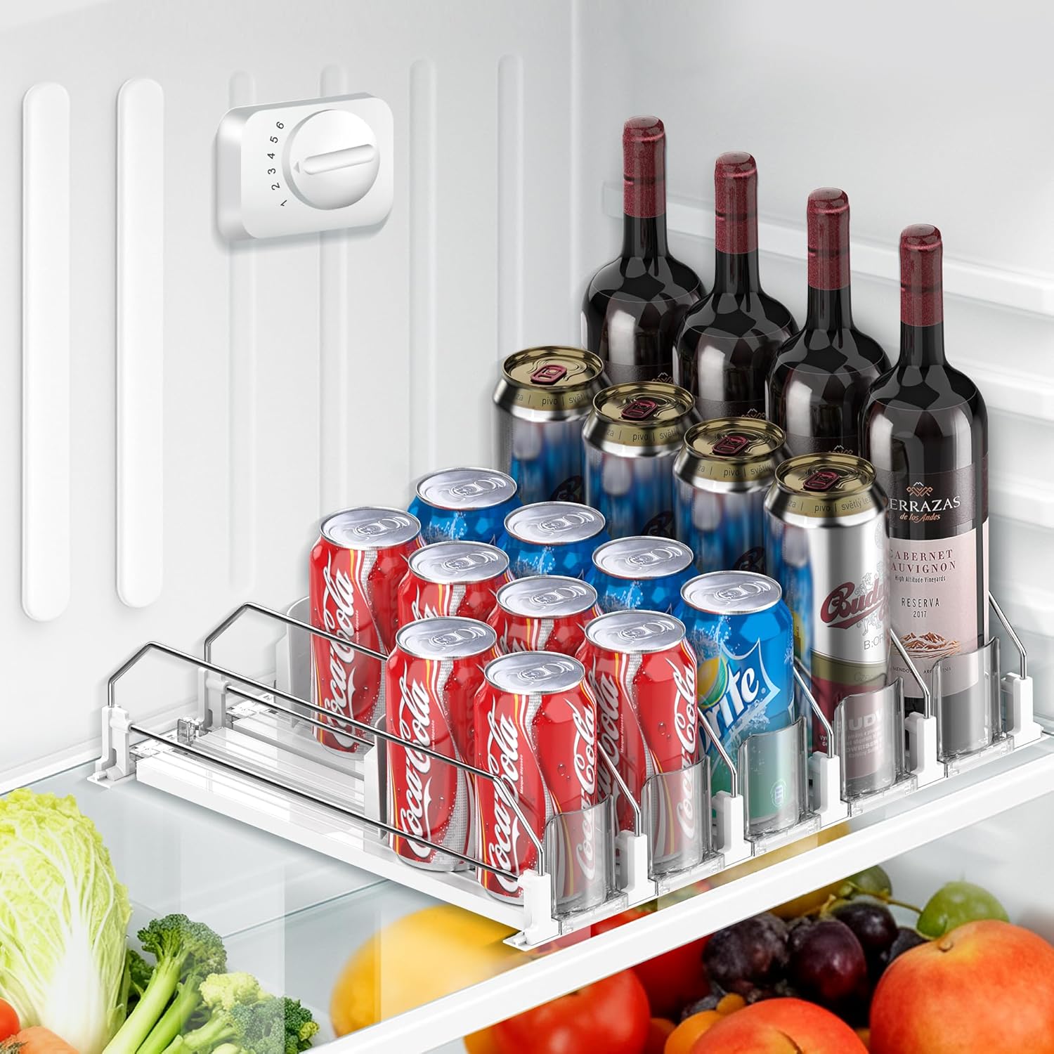 Drink Organizer for Fridge, Upgraded Drink dispenser for fridge, Automatic Pusher Glide,12oz 16oz – Can Dispenser for Fridge – Holds up to 20 Cans – 5 Rows White
