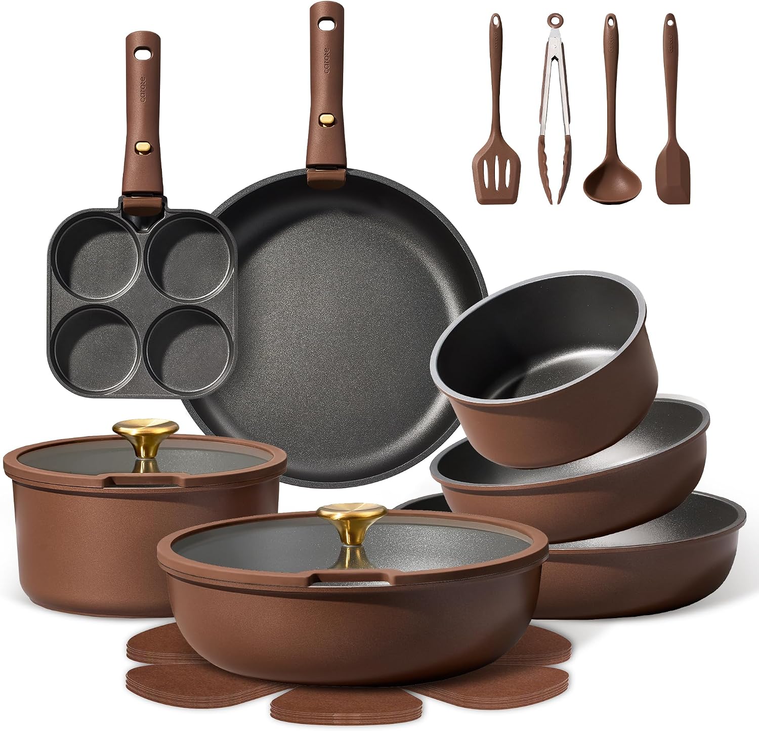 CAROTE 21pcs Pots and Pans Set, Nonstick Cookware Set Detachable Handle, Induction Kitchen Cookware Sets Non Stick with Removable Handle, RV Cookware Set, Oven Safe, Brown