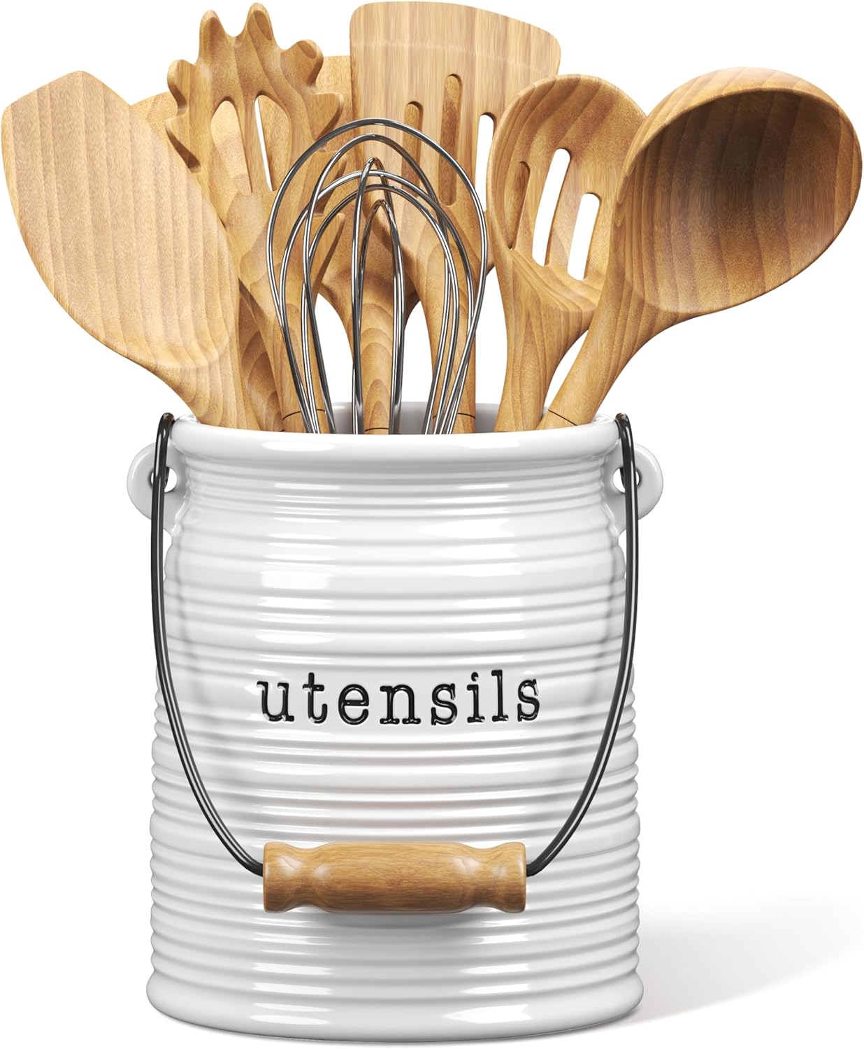 Barnyard Designs Ceramic Farmhouse Kitchen Utensil Holder, 6″ White | Decorative Rustic Crock for Cooking Tools, Spatulas, and Gadgets; Countertop Organizer; White Ceramic Decor