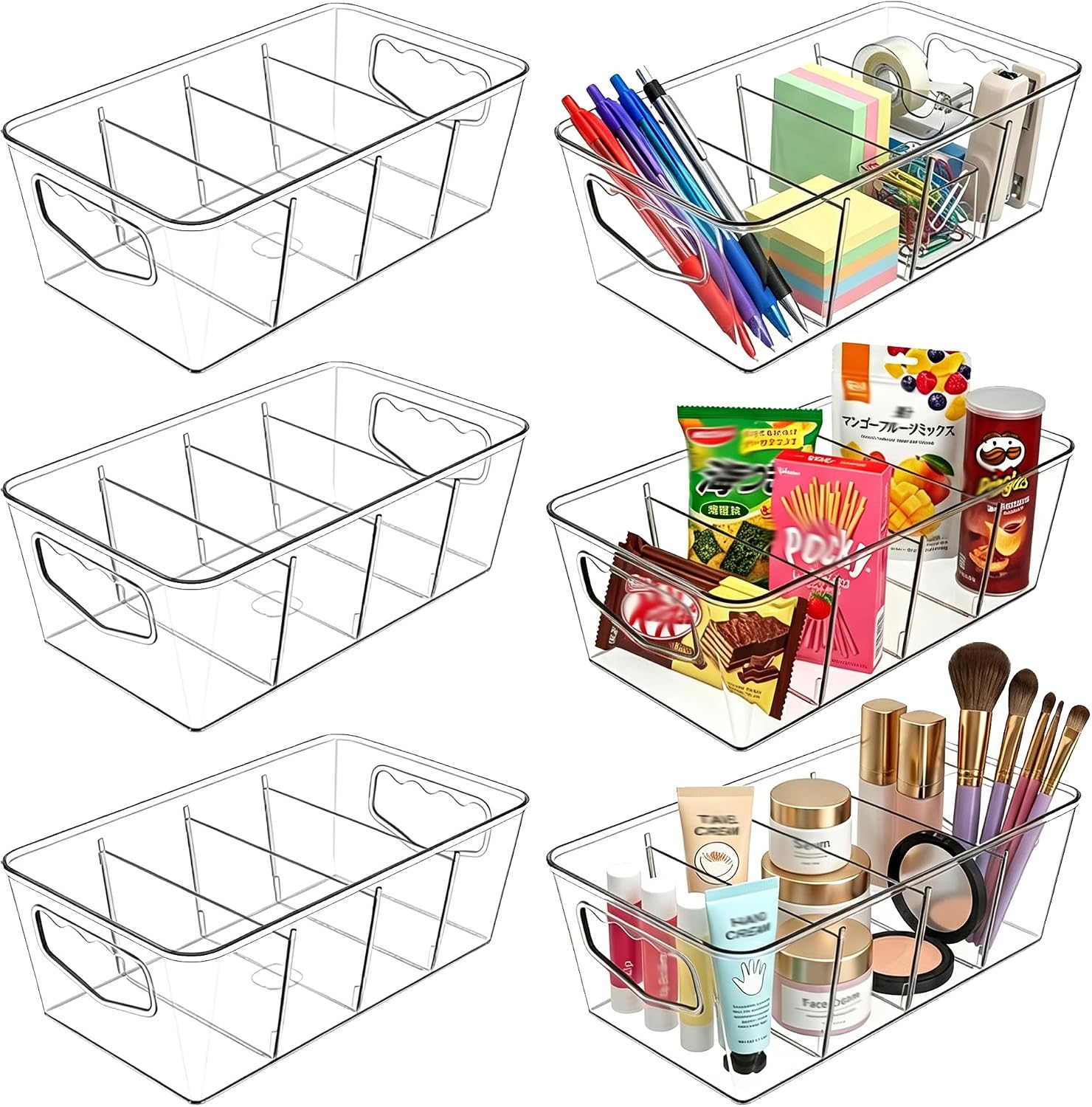SPACELEAD 6 Pack Clear Pantry Organization Storage Bins with Dividers | Transform chaotic kitchen cabinets and refrigerators into a tidy food storage system. Easily find groceries and snacks.