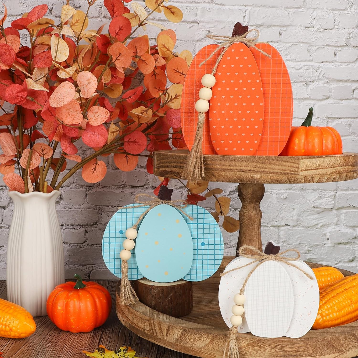3 Pcs Thanksgiving Pumpkin Decor 3D Wooden Pumpkin Tabletop Signs Thanksgiving Decorations for Home Fall Tiered Tray Decorations for Home Kitchen Harvest