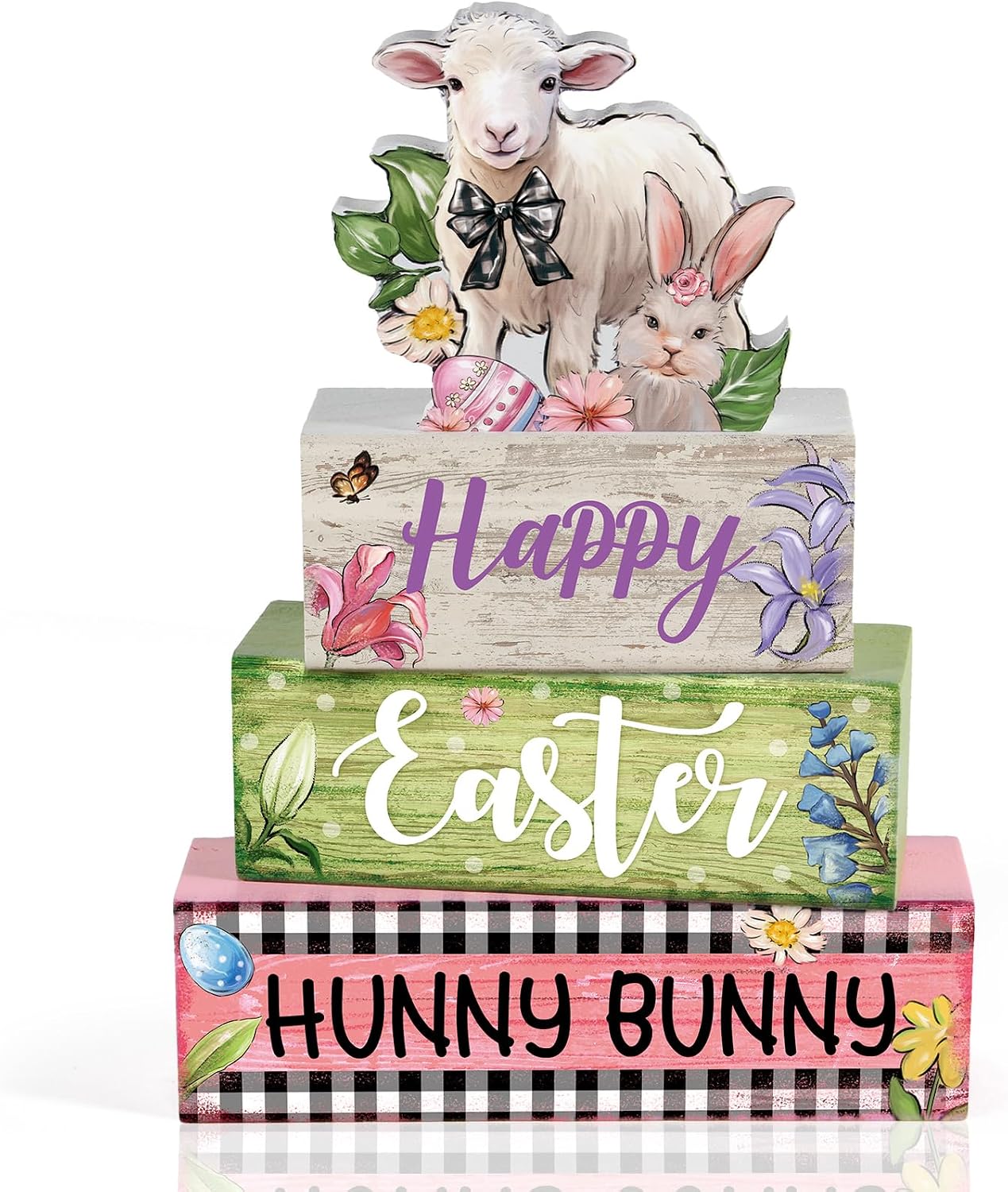 4 Pcs Easter Table Decorations Bunny Tiered Tray Decor Wooden Signs for Family Gatherings, Reusable Happy Easter Centerpiece for Kitchen, Home Shelf, Office & Spring Party Tables