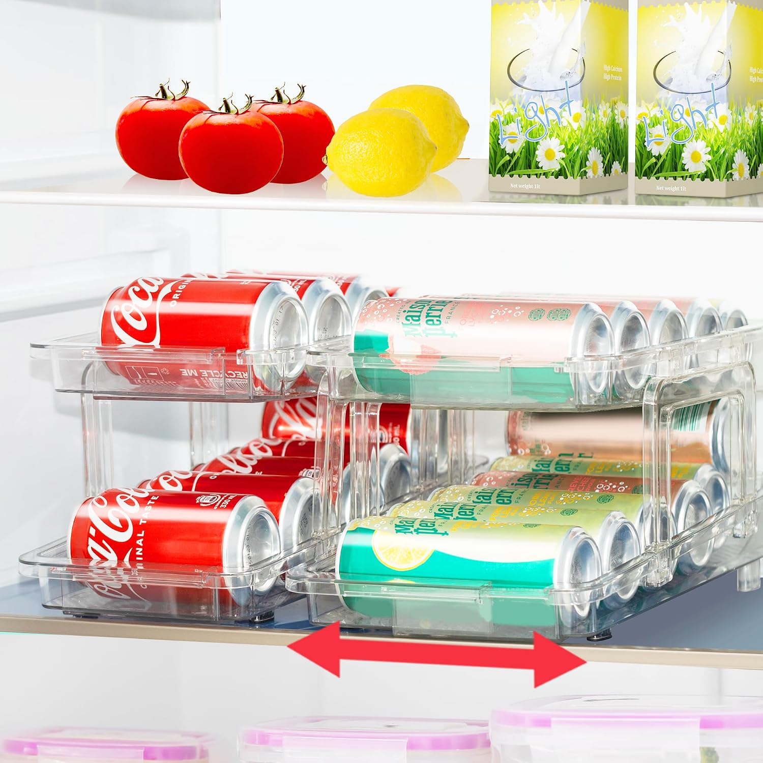 VUSIGN Expandable Soda Can Organizer 2 Pack, Adjustable Width Can Dispenser for Refrigerator 6.1”-9.38” W, Drink Organizer for Fridge, Can Holder for Standard and Tall Can, Clear