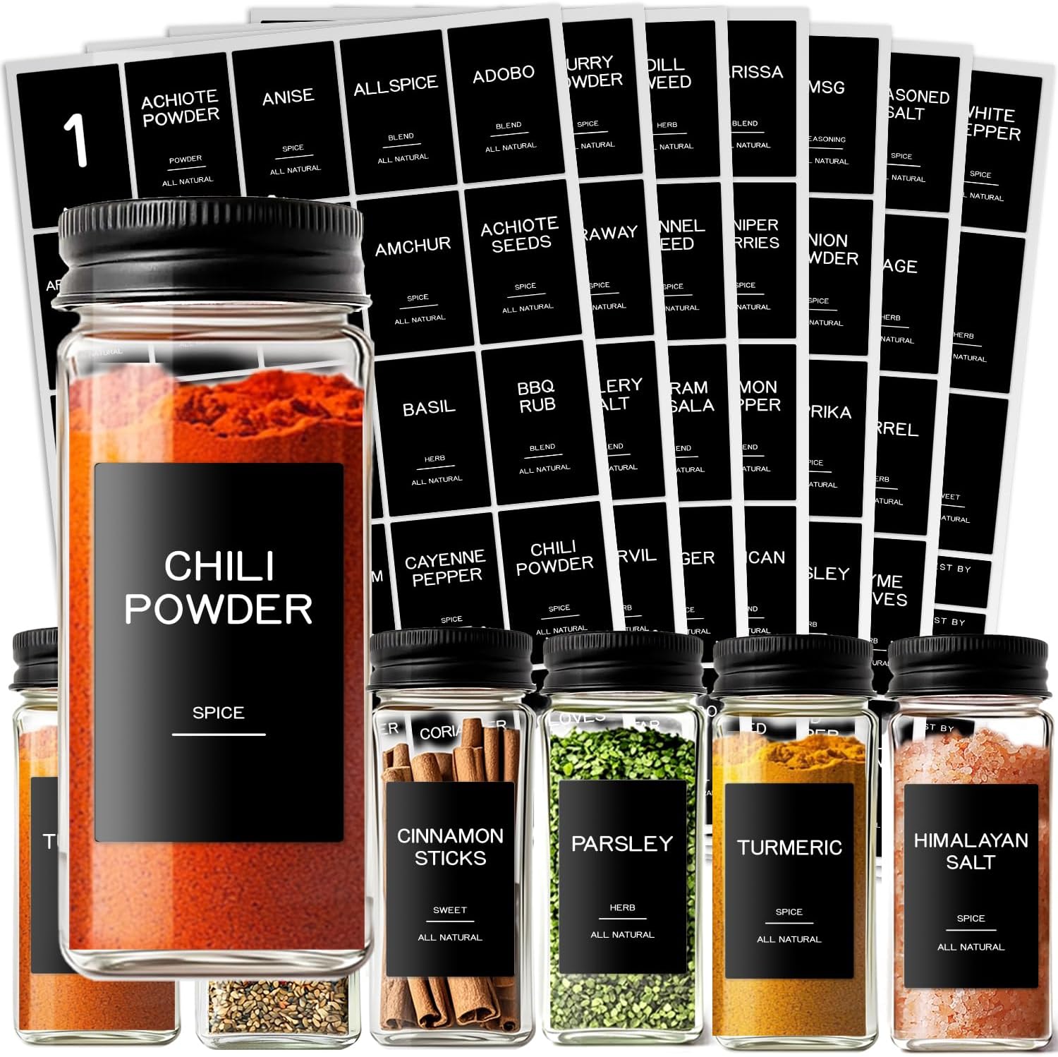 201 Spice Jar Labels – Black Preprinted Minimalist Waterproof Stickers for Kitchen Jars, Herb & Seasoning Labels for Pantry Organization