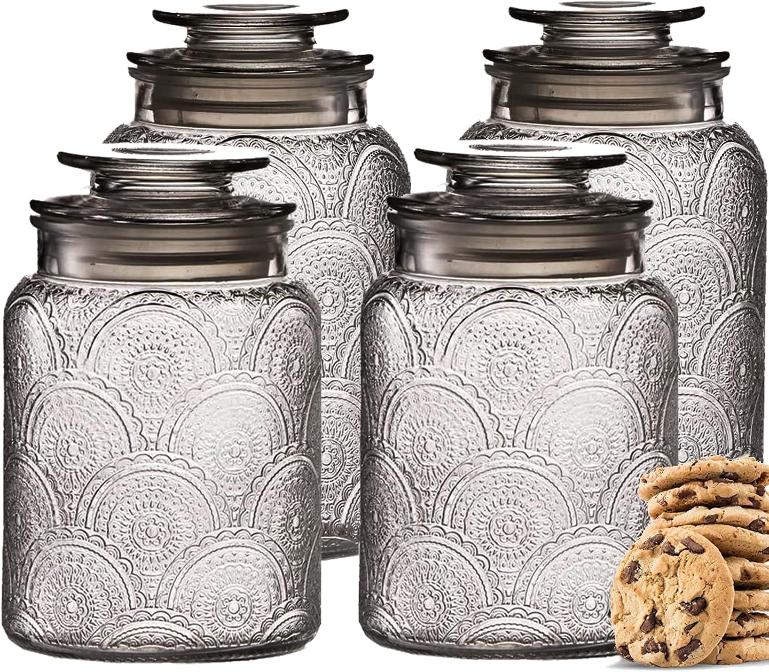 4pc Vintage Glass Canister Set with Airtight Lids – For Kitchen Food Storage and Organization