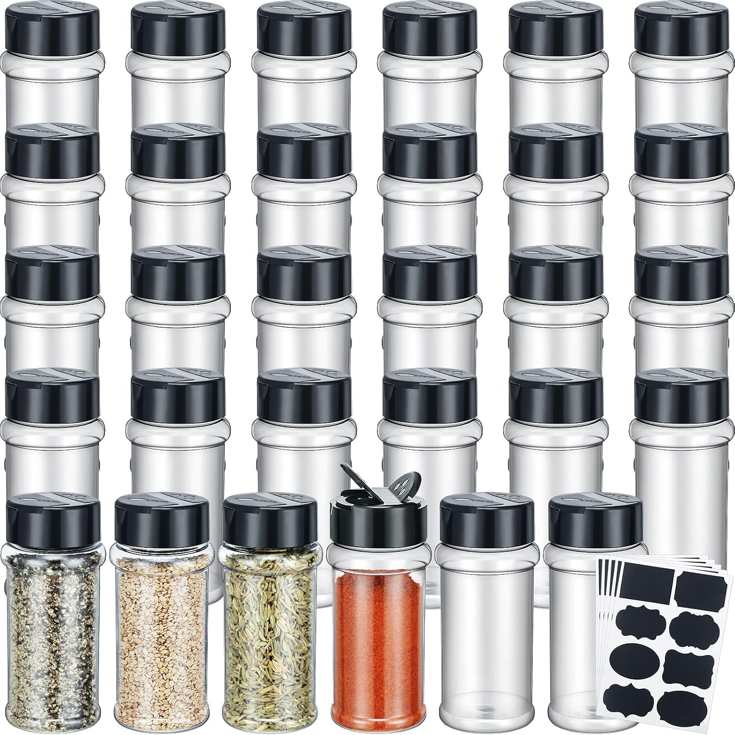 Eccliy 36 Pack 3 oz Clear Plastic Spice Jars with Label and Shaker Lids Empty Spice Bottles Seasoning Containers Seasoning Jars Shaker Condiment Pots for Pepper Herbs Powders(Black)