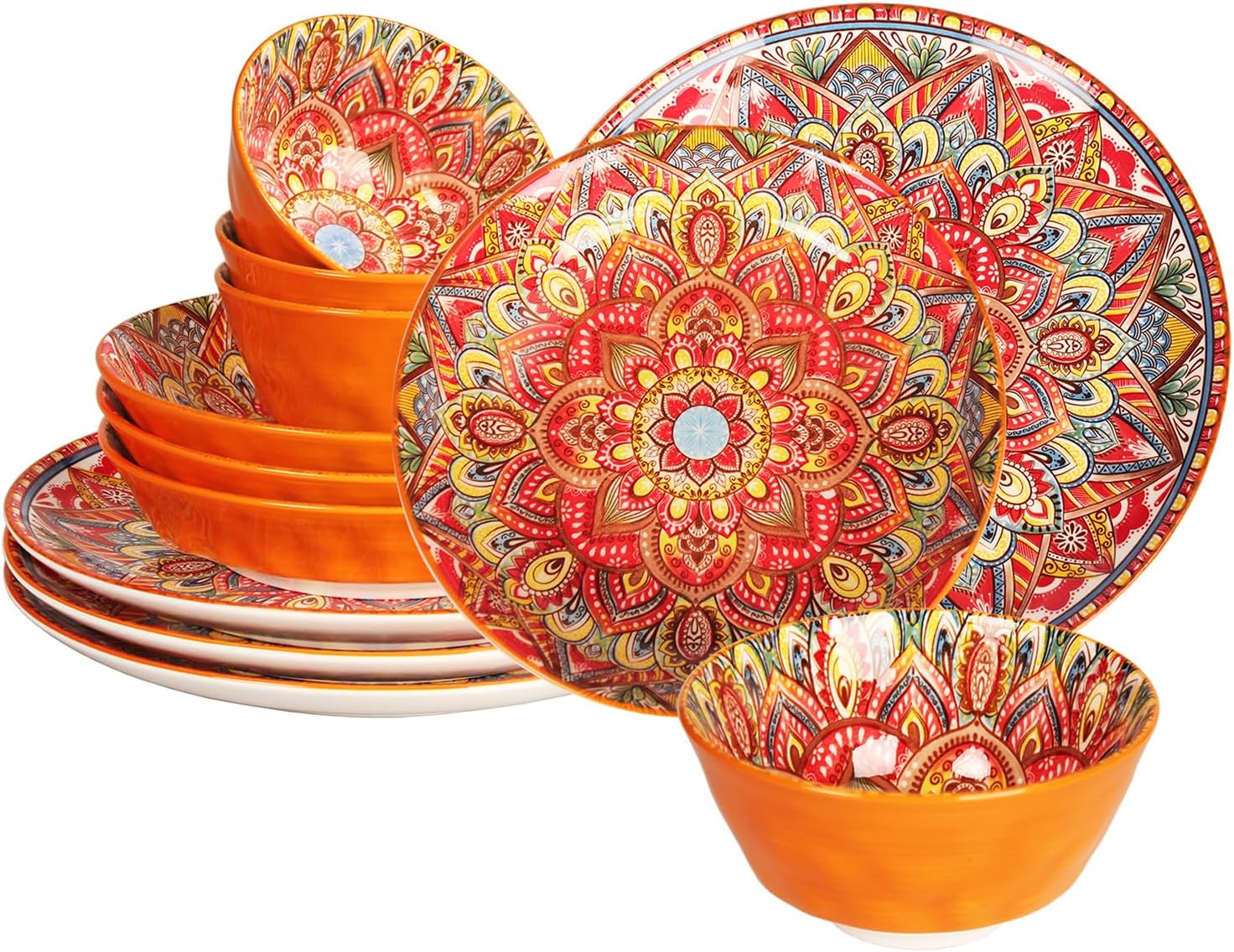 YA JU Mandala Dinnerware Sets (12 Pcs) Serves 4, Buffet Dinnerware, Boho Plates and Bowls Dish Set with 8″ salad Plate 10″ dinner Plate 4.8″ bowl, apply Casual dining Indoor Outdoor Dining Part